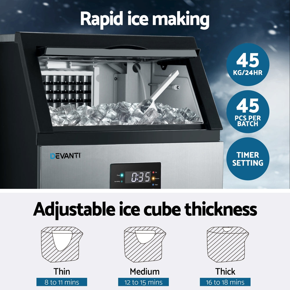 Devanti 45kg Commercial Ice Maker Machine - Heavy Duty Countertop Ice Cube Maker for Restaurants, Bars, Cafes, and Catering Businesses