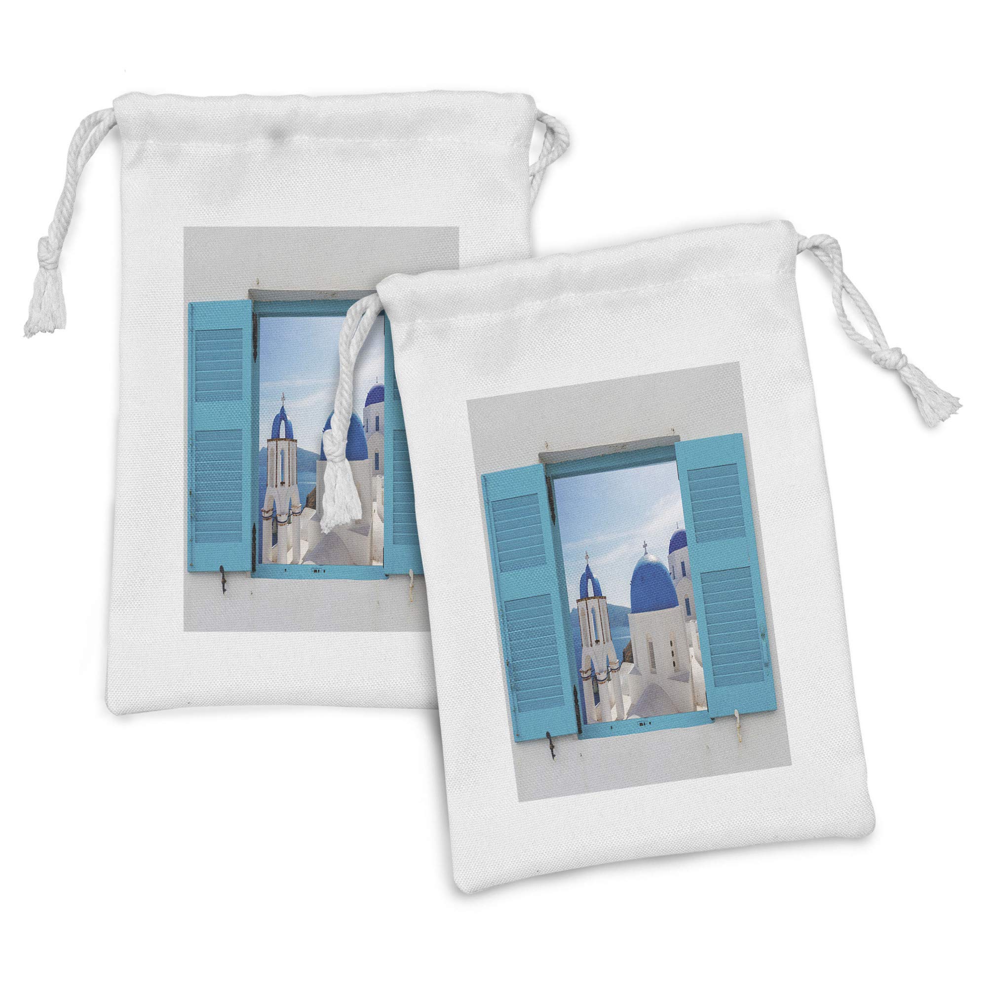 Ambesonne 2-Pack Fabric Drawstring Pouches - Greek Santorini Oia Window View Landscape Design, 9
