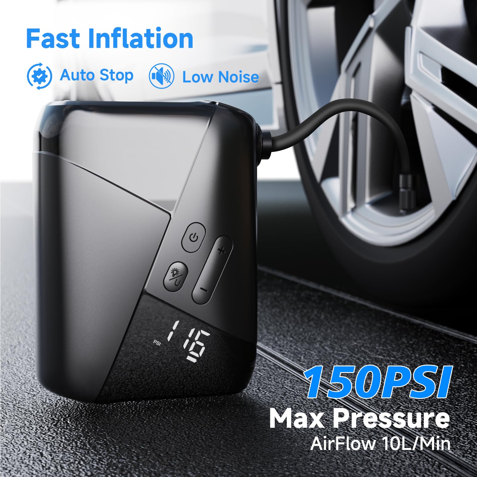 Rechargeable 3200mAh Electric Bike Pump - 150PSI Portable Air Compressor with 10L/Min Fast Inflation, Dual Presta & Schrader Valve for Bicycle, Motorcycle, Car Tires and Sports Balls - Perfect for Road Trips, Cycling Adventures and Emergency Tire Inflation