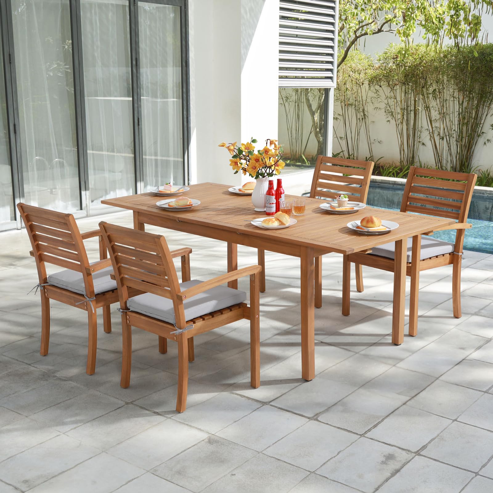 OC Orange-Casual 4-Piece Stackable Patio Dining Chair Set - Outdoor Acacia Wood Armchairs with Removable Fabric Cushions - Light Grey - Perfect for Porch, Backyard, Garden, and Indoor Dining Areas