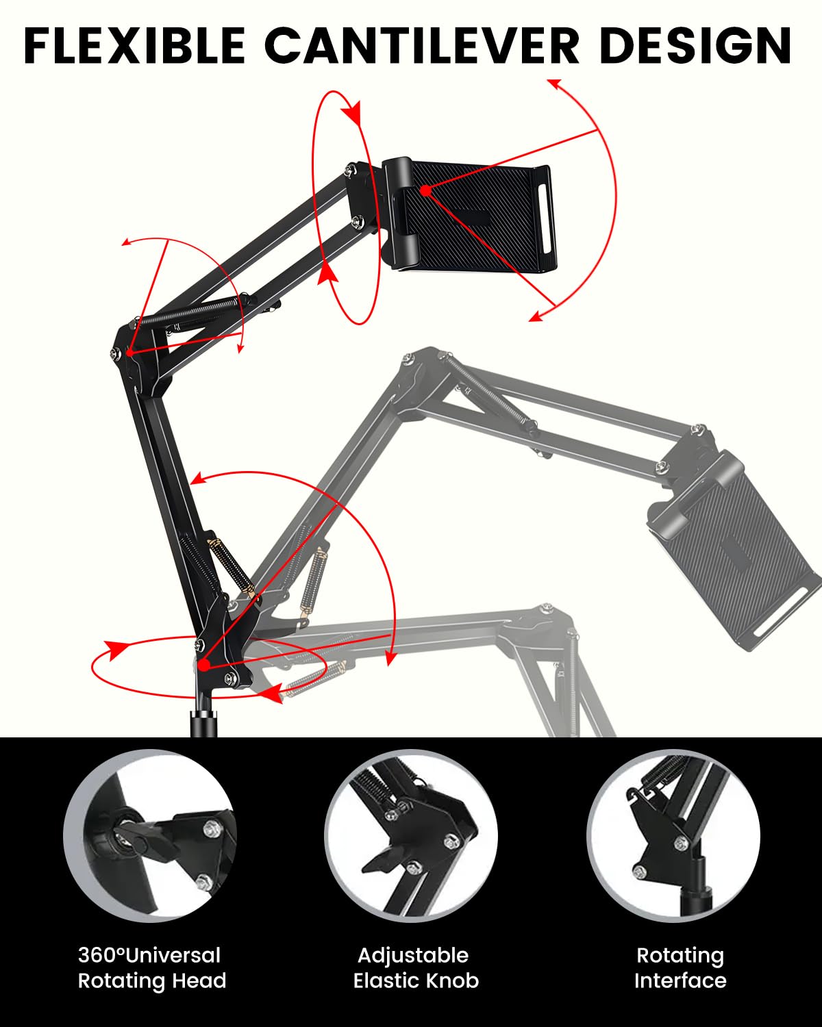 Adjustable iPad Stand with Swivel Arm for iPad Mini/Air/Pro & Phones - Home & Office Use