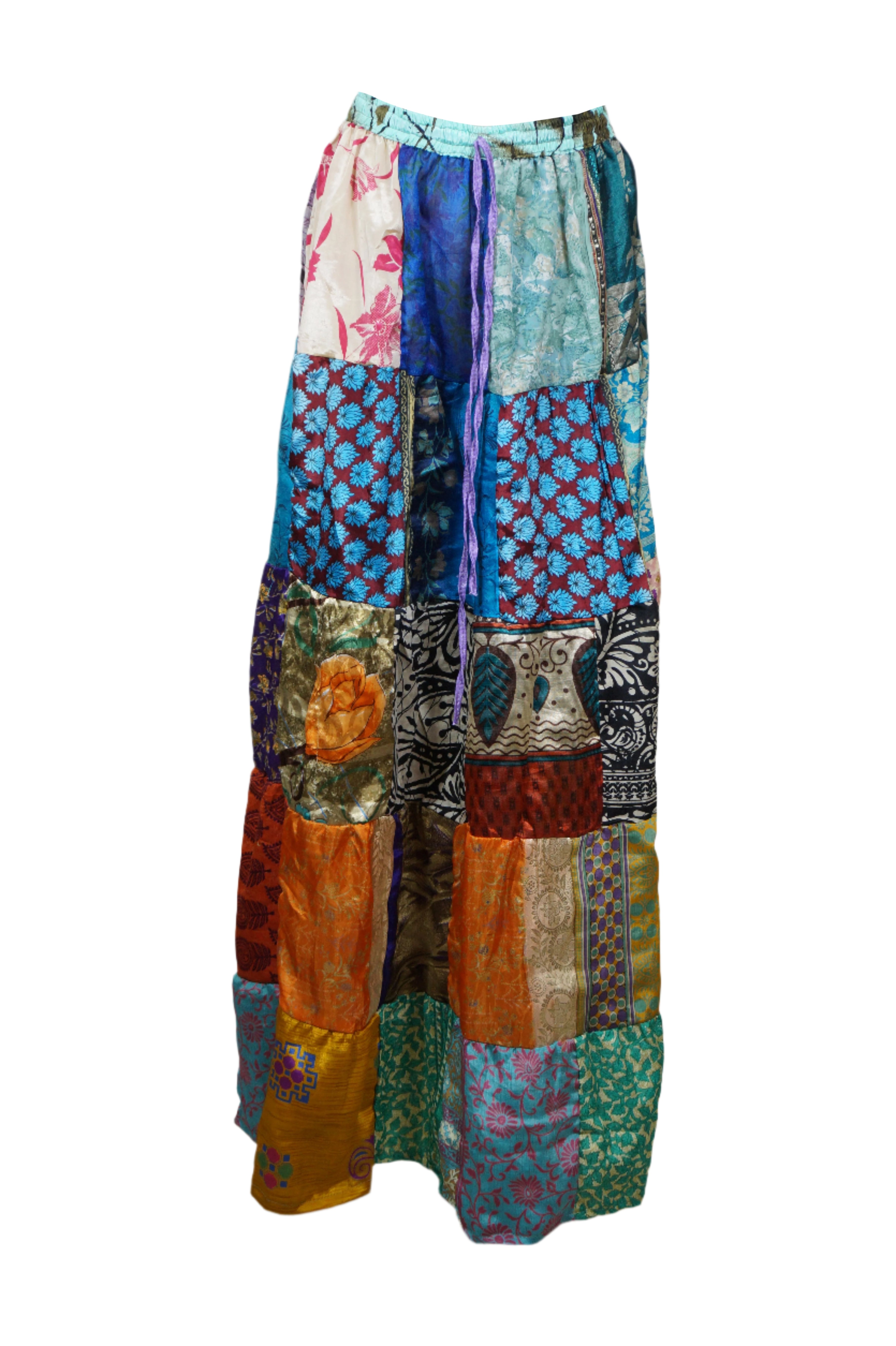 Women's Recycled Silk Patchwork Maxi Skirt - Blue Multicolor Boho Summer Skirt S/M | Eco-Friendly Flowy Beach Skirt for Vacation, Music Festivals & Boho Chic Outfits