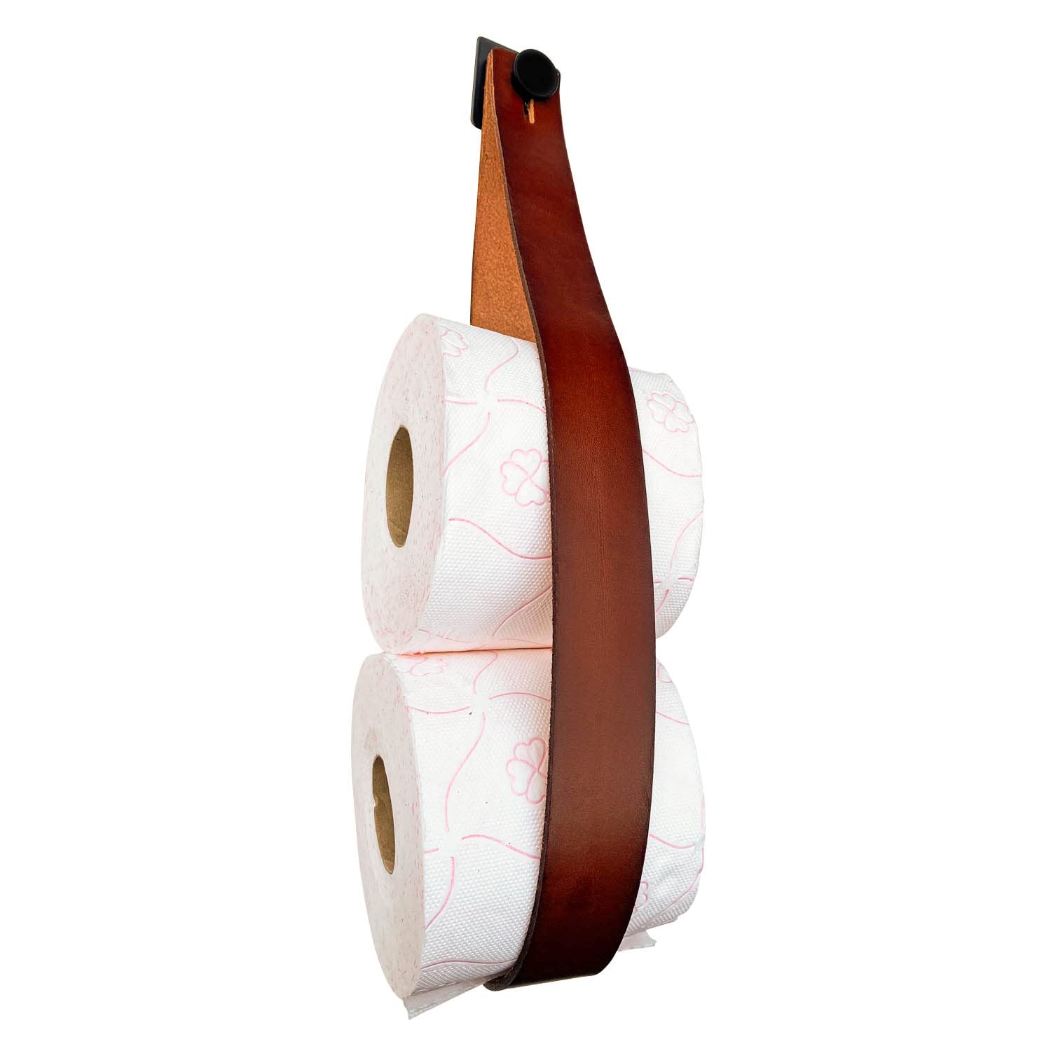 Premium Leather Toilet Paper Holder - No Drill Hanging Bathroom Tissue Roll Dispenser - Genuine Full Grain Leather - Cognac Brown - Ideal for Bathroom, Vanity, Cupboard & RV Use