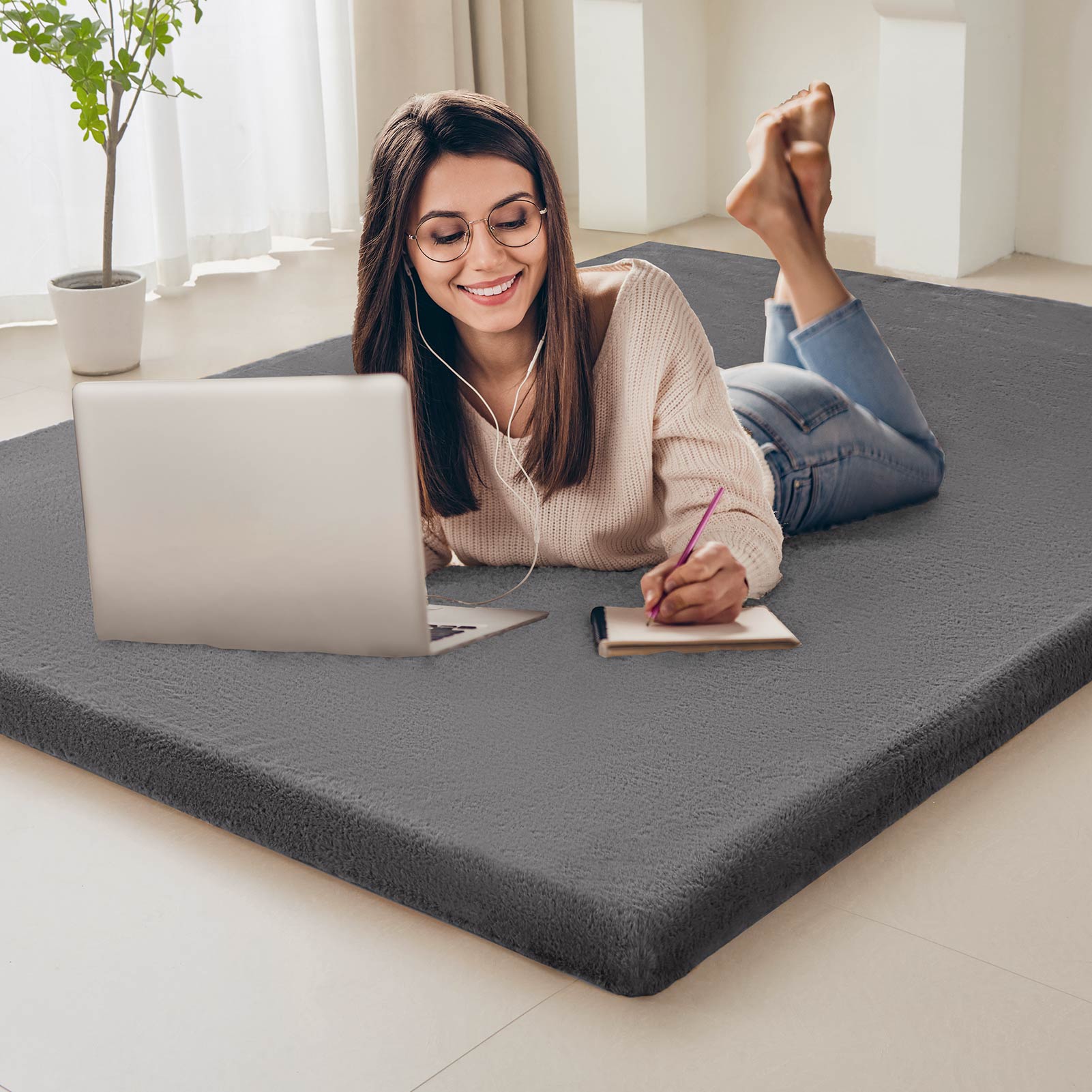 MAXYOYO Faux Fur Removable Futon Mattress - Soft Fluffy Couch Bed for Lounging, Napping & Sleeping - Dark Grey | Perfect for Living Room, Dorm, Guest Room & Home Decor