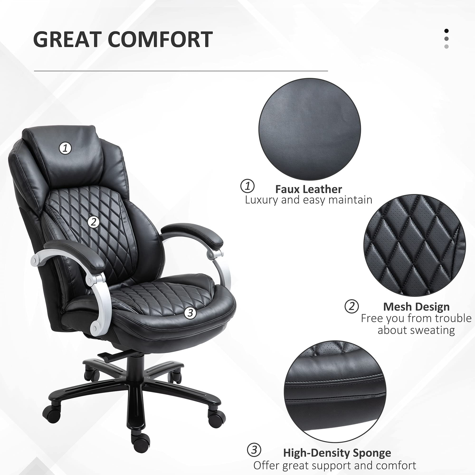 Vinsetto Big and Tall Executive Office Chair - Wide Seat High Back Computer Desk Chair with Diamond Stitching, Adjustable Height & Swivel Wheels - Ergonomic Black Chair for Home Office, Gaming & Workspace Comfort