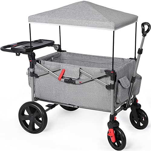 EVER ADVANCED Foldable Wagon for Kids & Cargo - Adjustable Handle, Removable Canopy with 5-Point Harness - Perfect for Beach Trips, Camping & Outdoor Adventures