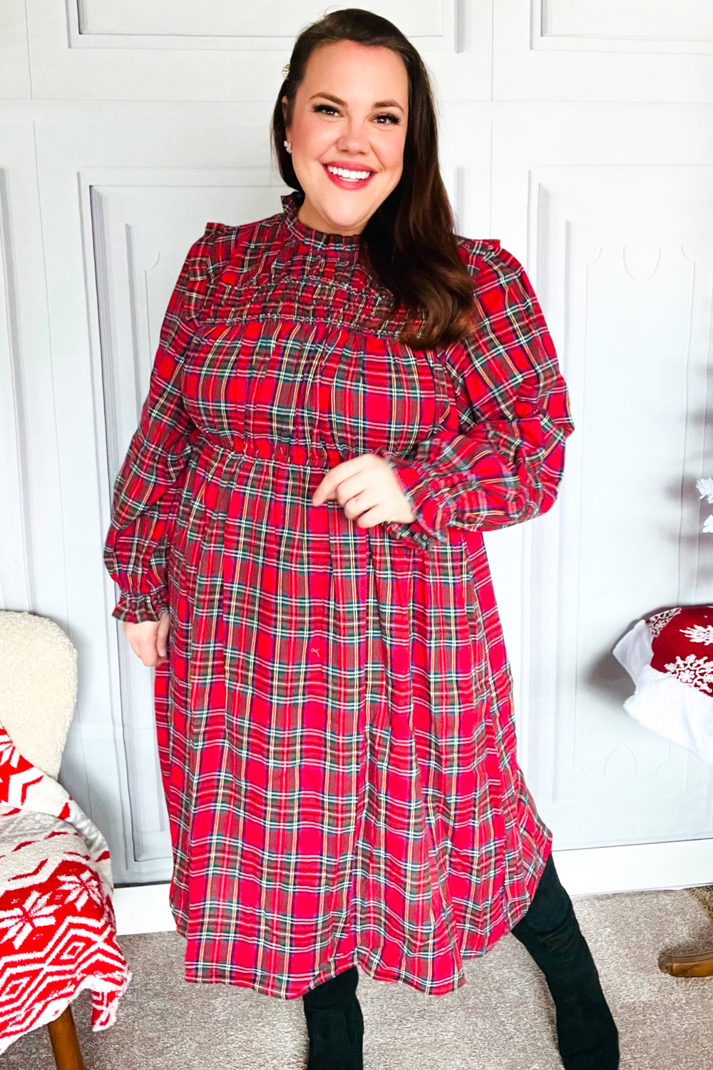Hunter Red Plaid Check Woven Pocketed Dress for Women | Casual & Party Wear | Perfect for Fall, Winter & Holiday Outfits