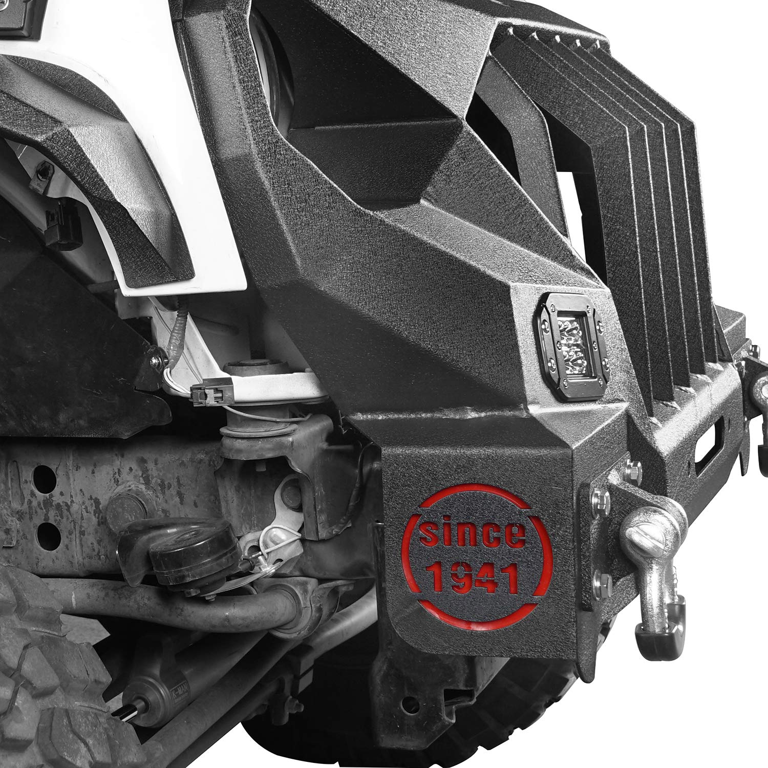 Wrangler JK Front Bumper with Steel Grille Guard, LED Lights & D-Rings - Heavy Duty Off-Road Bumper for Jeep Wrangler JK & Unlimited (2007-2018) - Perfect for Rock Crawling, Overlanding & Trail Adventures
