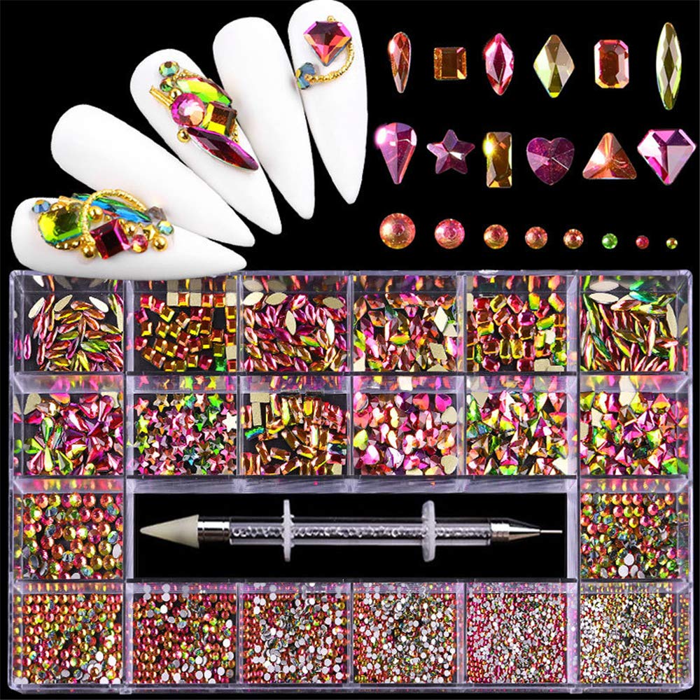 600+2100 Pcs AB Crystal Rhinestones Set - Round & Multishape Glass Rhinestones with Pick Up Pen for Nail Art, Clothing, Face Jewelry | DIY Crafts, Costume Design, Wedding Decor Accessories