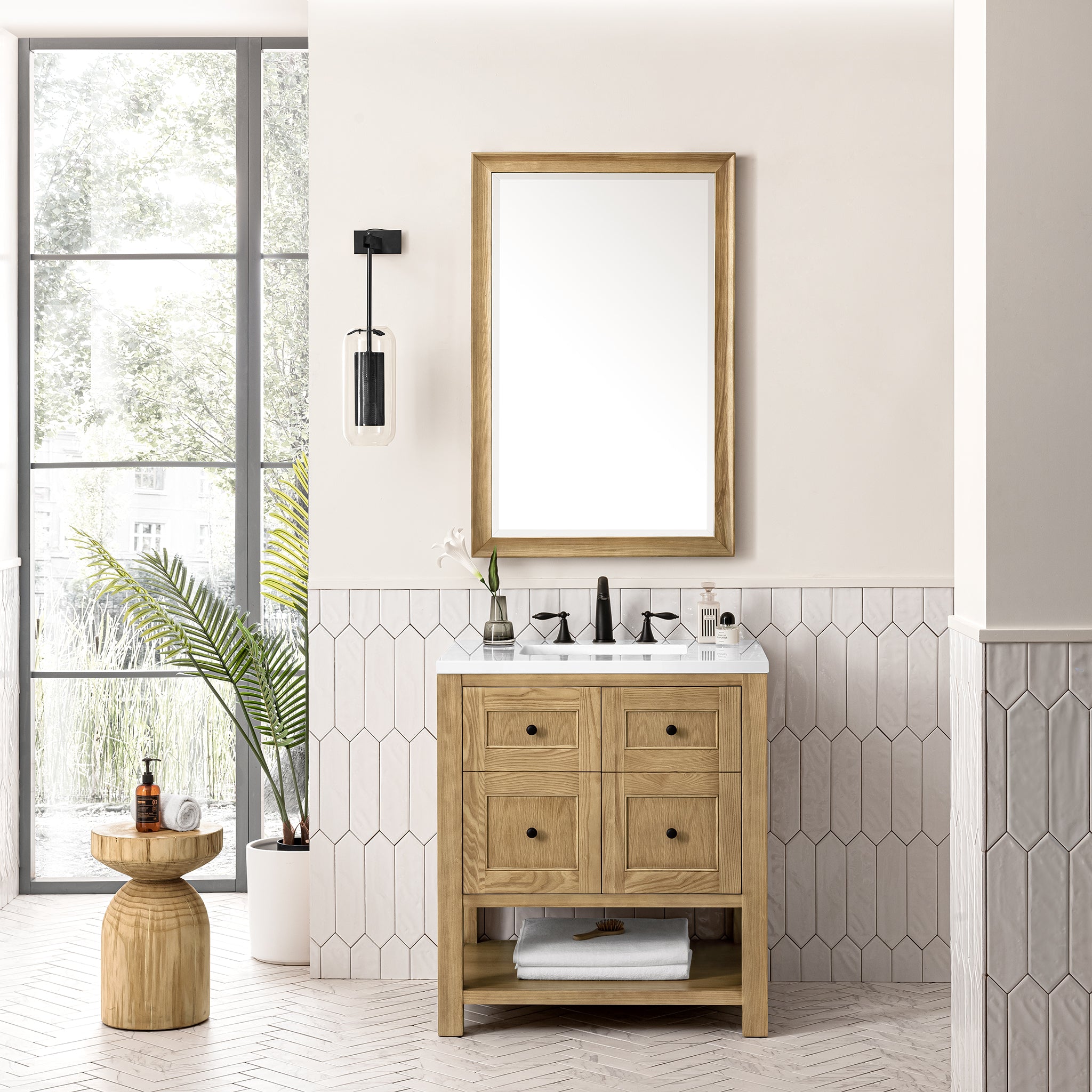 Breckenridge 30-Inch Single Bathroom Vanity in Light Natural Oak with 3CM White Zeus Quartz Top - Perfect for Modern Home Bathroom Remodeling
