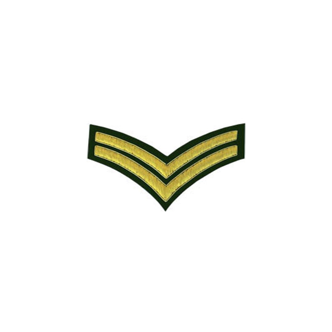 2 Stripe Chevrons Badge Gold Bullion on Green - Premium Military Insignia for Uniforms, Collectors & Cosplay | US Army Style Patch for Jackets, Hats & Bags
