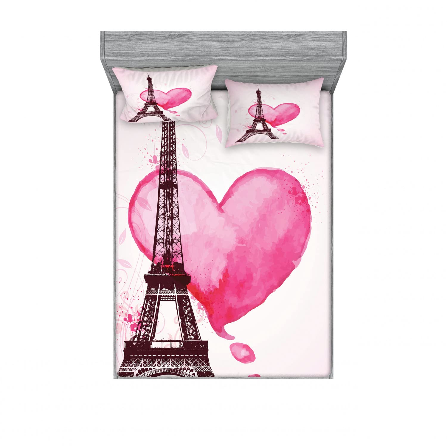 Ambesonne Parisian Romance 2-Pack Full Size Fitted Sheet Set with 4 Pillow Shams - Eiffel Tower Love Theme Bedding in Fuchsia & Brown | Perfect for Couples Bedrooms, Romantic Getaways & French-Themed Decor