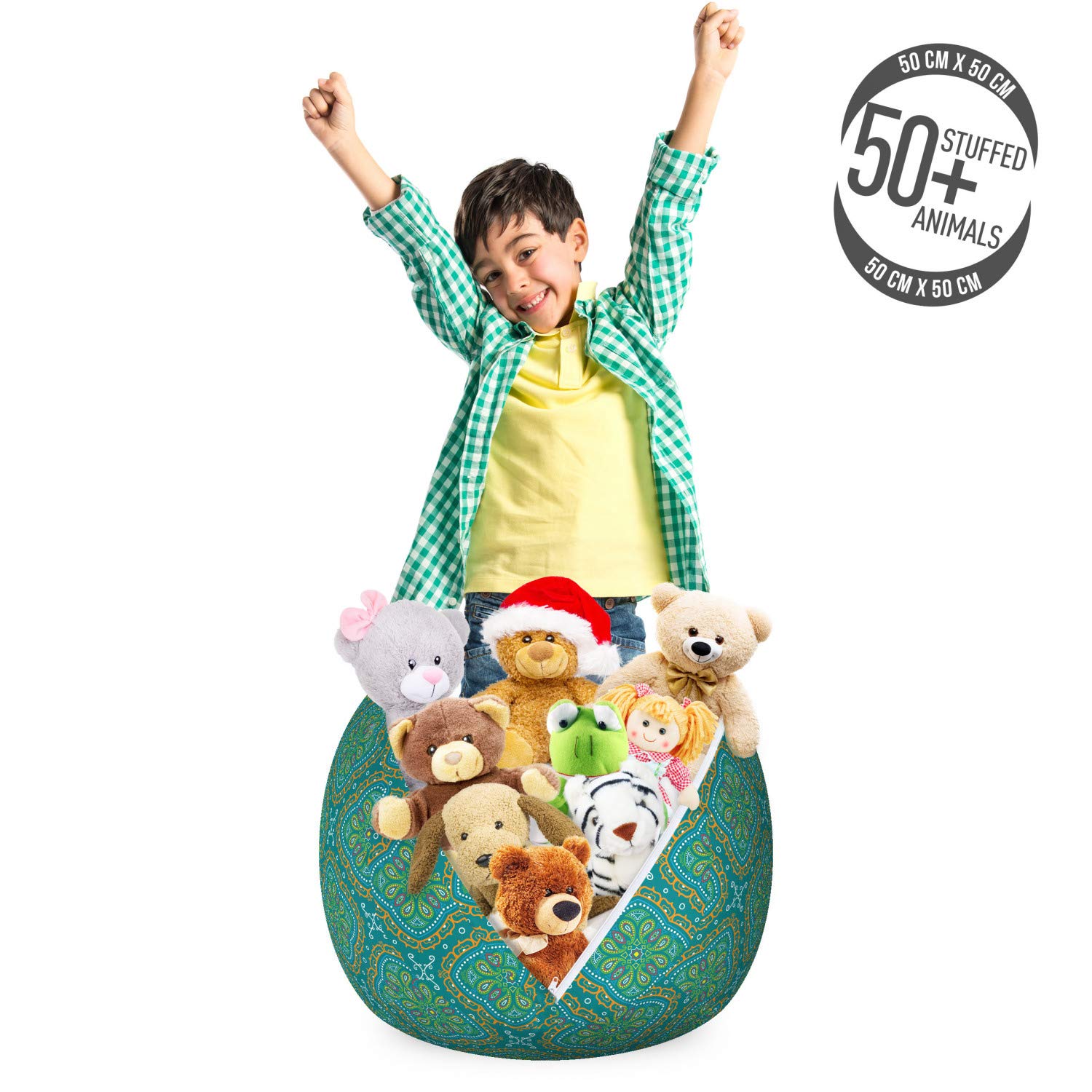Ambesonne Oriental Storage Toy Bag Chair - Traditional Mandala & Paisley Pattern, Washable Stuffed Animal Organizer, Small Teal & Multicolor - Perfect for Kids' Room, Nursery, or Playroom Organization