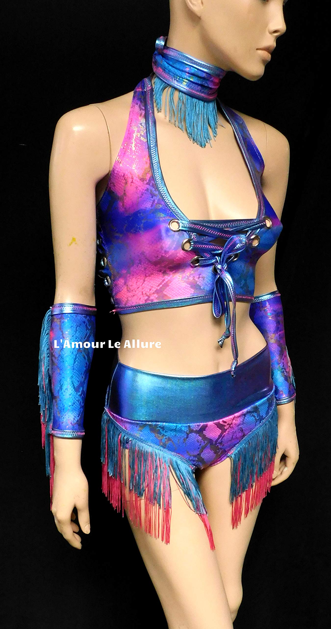 Blue & Pink Holographic Fringe Snake Print Cowgirl Outfit - Halter Top & High Waist Scrunchie Shorts Set for Music Festivals, Rodeo Parties & Western Fashion