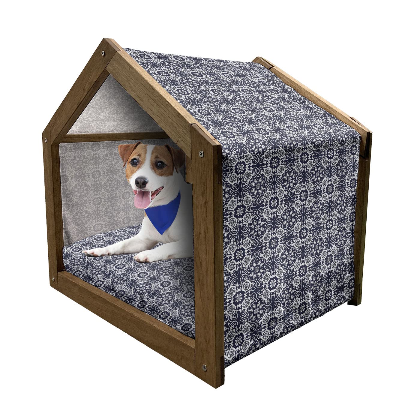 Ambesonne Navy Blue Wooden Dog House - Japanese Inspired Antique Floral Design with Lace Curves, Indoor/Outdoor Portable Pet Kennel with Removable Pillow & Cover - Large Size for Medium to Big Dogs - Perfect for Backyard, Patio or Living Room