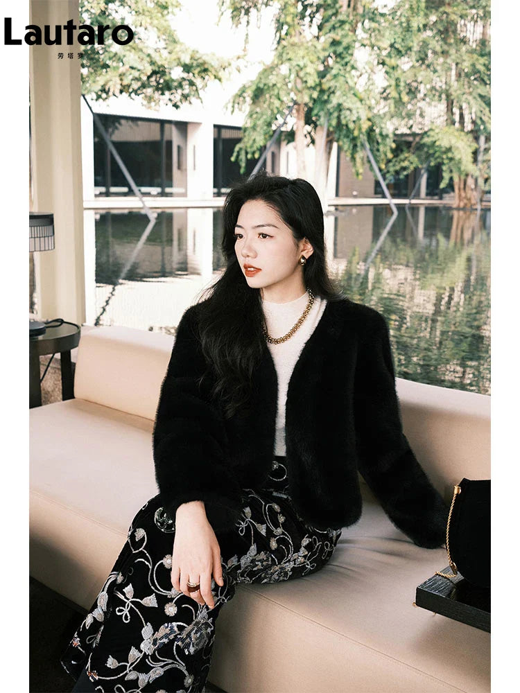 Luxury Soft Thick Warm Brown Faux Mink Fur Coat for Women - Deep V Neck Long Sleeve Fluffy Jacket for Autumn & Winter 2024 | Perfect for Cold Weather, Parties & Fashion Outfits