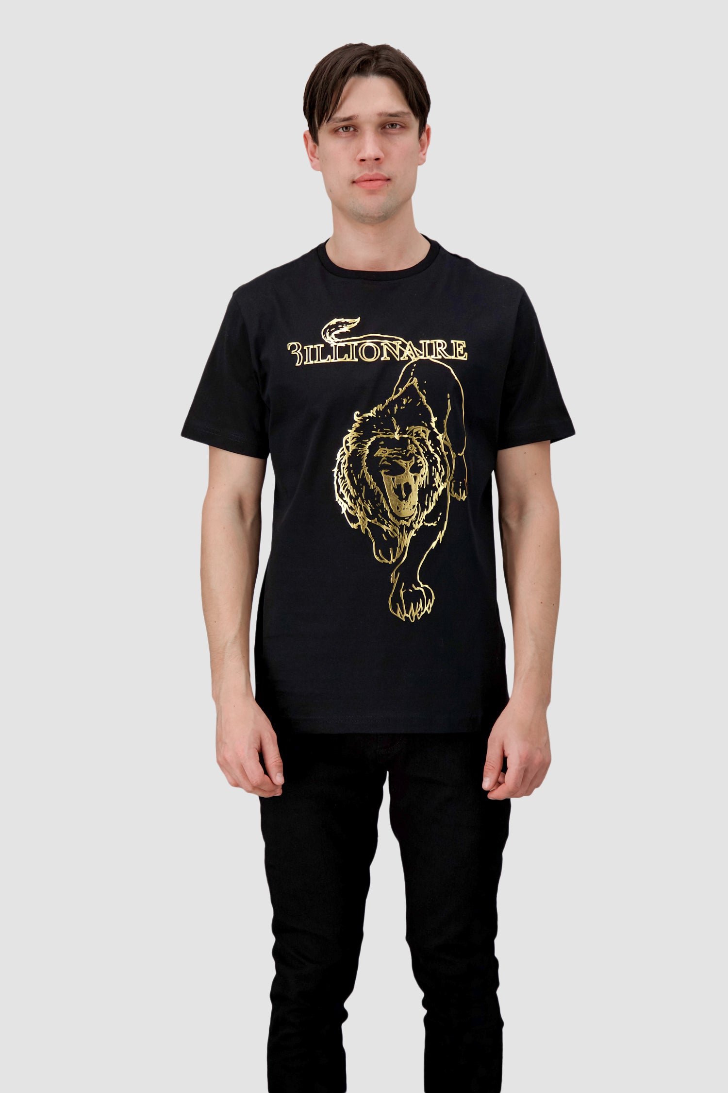Billionaire Black and Gold Lion Print Round Neck T-Shirt for Men - Stylish Casual Wear for Parties, Outings, and Everyday Fashion