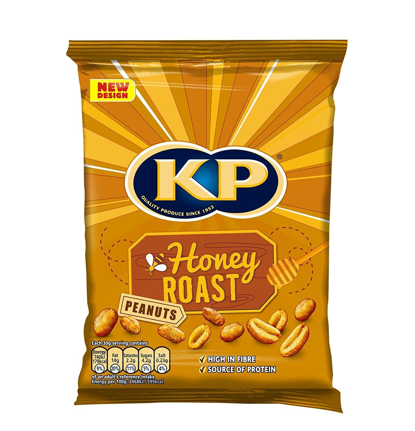 KP Nuts Honey Roast Peanuts - 65g (2.3oz) - Pack of 6 - Crunchy Sweet Snacks for Office, Travel & Party - Premium Roasted Peanuts for Gifts & Healthy Snacking