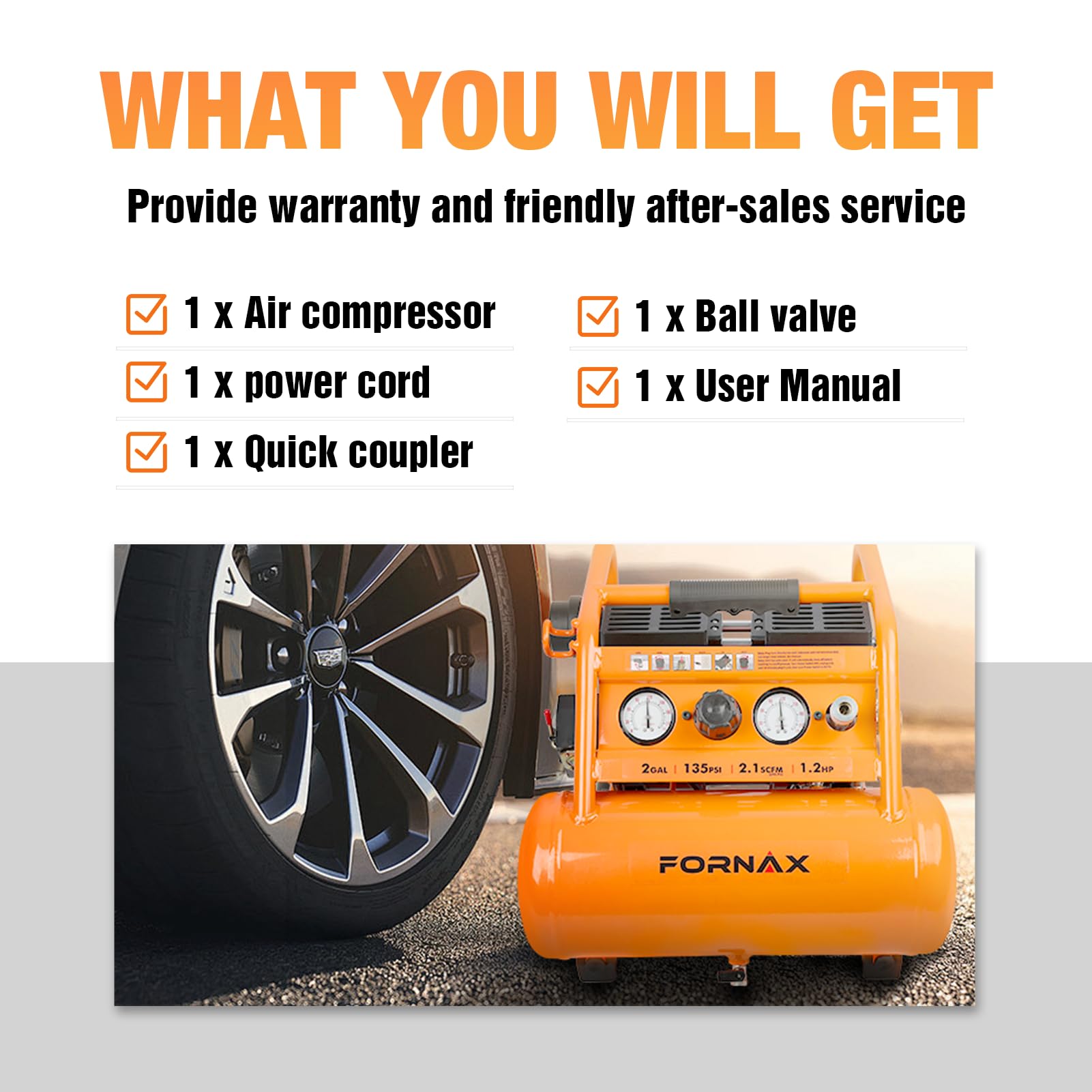 FORNAX 2 Gallon Portable Air Compressor - 1.2 HP, 2.1 SCFM @ 90 PSI, Oil-Free, 135 PSI Max Pressure, 65 dB Quiet - Perfect for Auto Repair, Tire Inflation, Airbrushing, Nailing & DIY Projects