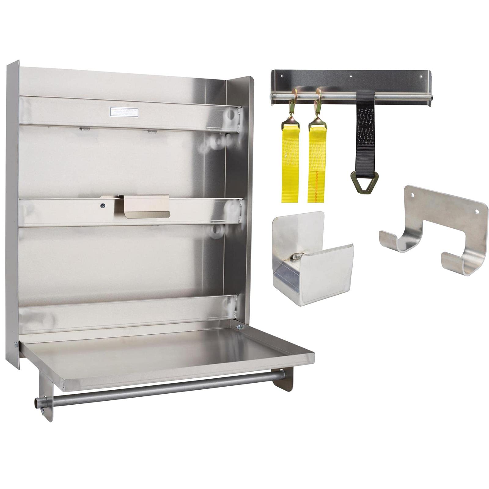 Speedway Motors Heavy Duty Trailer & Garage Organizer Kit - Wall Mount Aluminum Alloy Storage System with Locking Fold-Down Work Table, Ratchet & Cord Organizer, Drill Holder - Perfect for Workshop, Garage & RV Organization