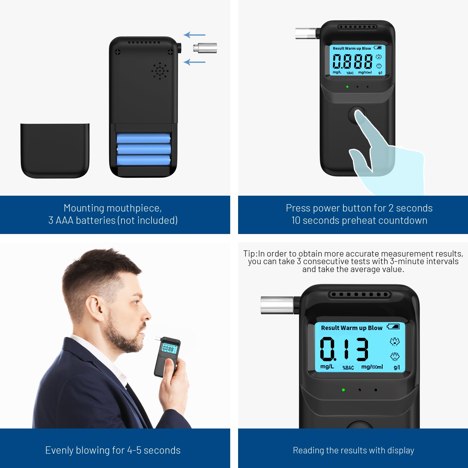 **Portable Alcohol Breathalyzer Tester – High Accuracy & Fast Results with LCD Display & 10 Reusable Mouthpieces – Personal & Professional Use for Home, Workplace, and Law Enforcement**