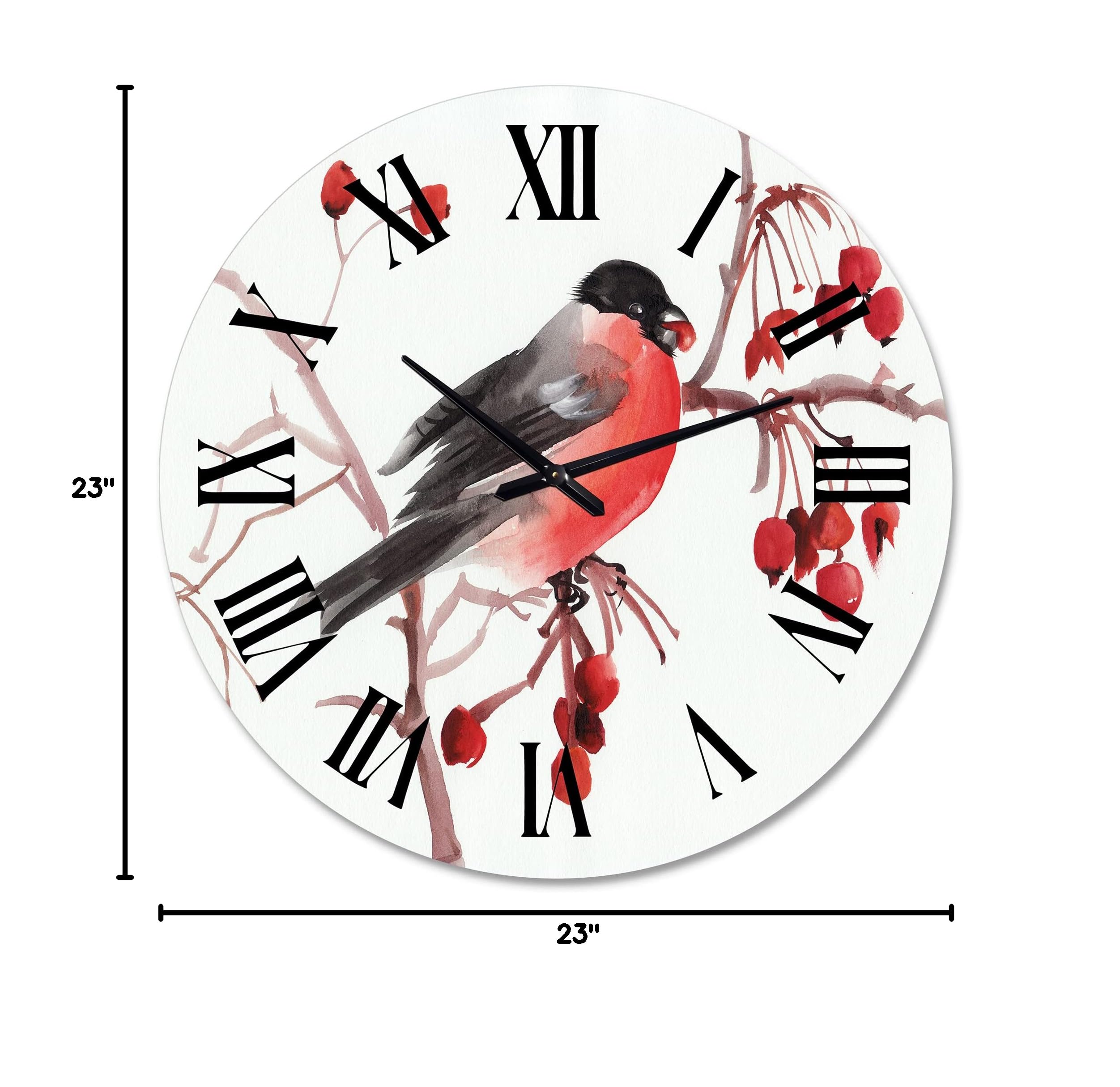 Large Traditional Wall Clock 'Bullfinch Bird On A Branch' - Decorative Animal Wall Clock for Living Room, Bedroom & Office - Silent Non-Ticking Home Decor