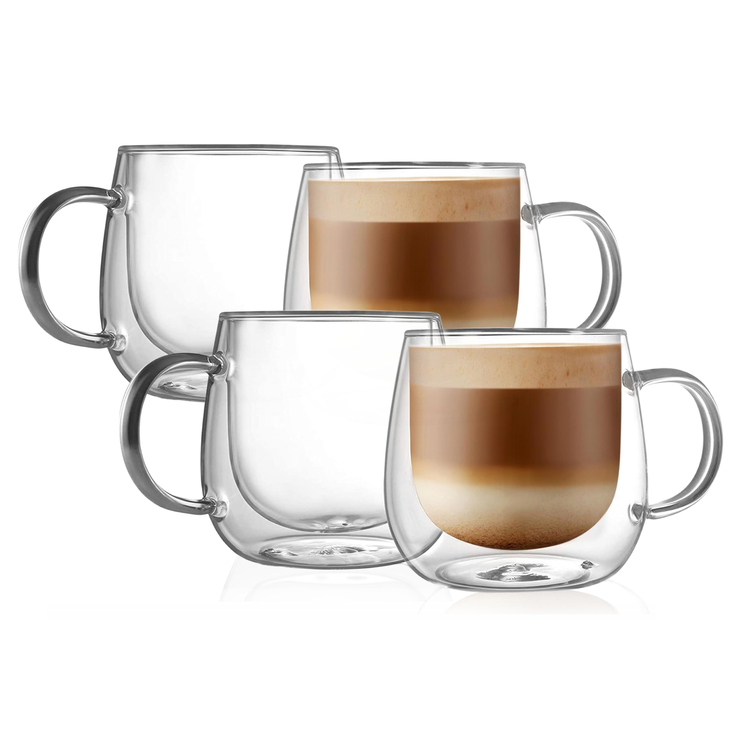 CNGLASS 16oz Double Walled Insulated Glass Coffee Mugs (4-Pack) - Clear Large Coffee Cups with Handle for Hot & Cold Drinks - Perfect for Latte, Cappuccino, Tea, Iced Coffee - Ideal for Home, Office, Cafe & Gifts
