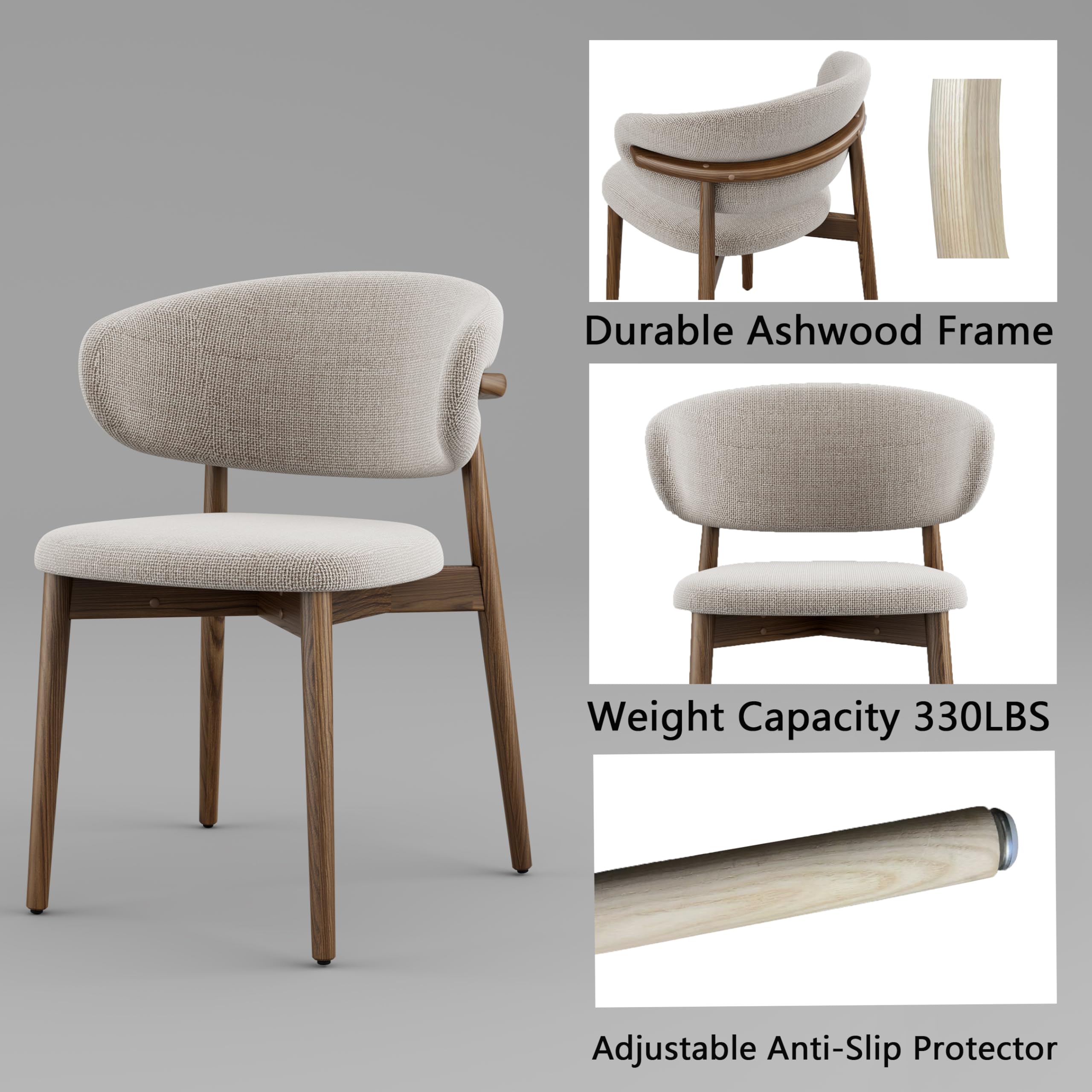 Modern Solid Wood Dining Chairs Set of 2 - Upholstered Curved Backrest Chairs with Natural Walnut Wood Legs (18.11 Inch Height) - Perfect for Kitchen, Dining Room, and Breakfast Nook Decor