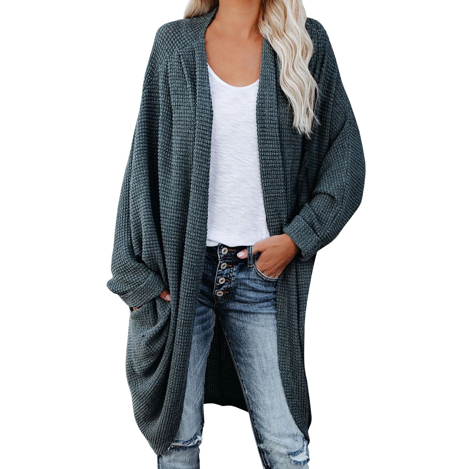 Plus Size Open Front Batwing Long Sleeve Cardigan Sweater for Women - Oversized Waffle Knit Winter Coat Outwear - Perfect for Casual Wear, Office, and Cozy Winter Outfits
