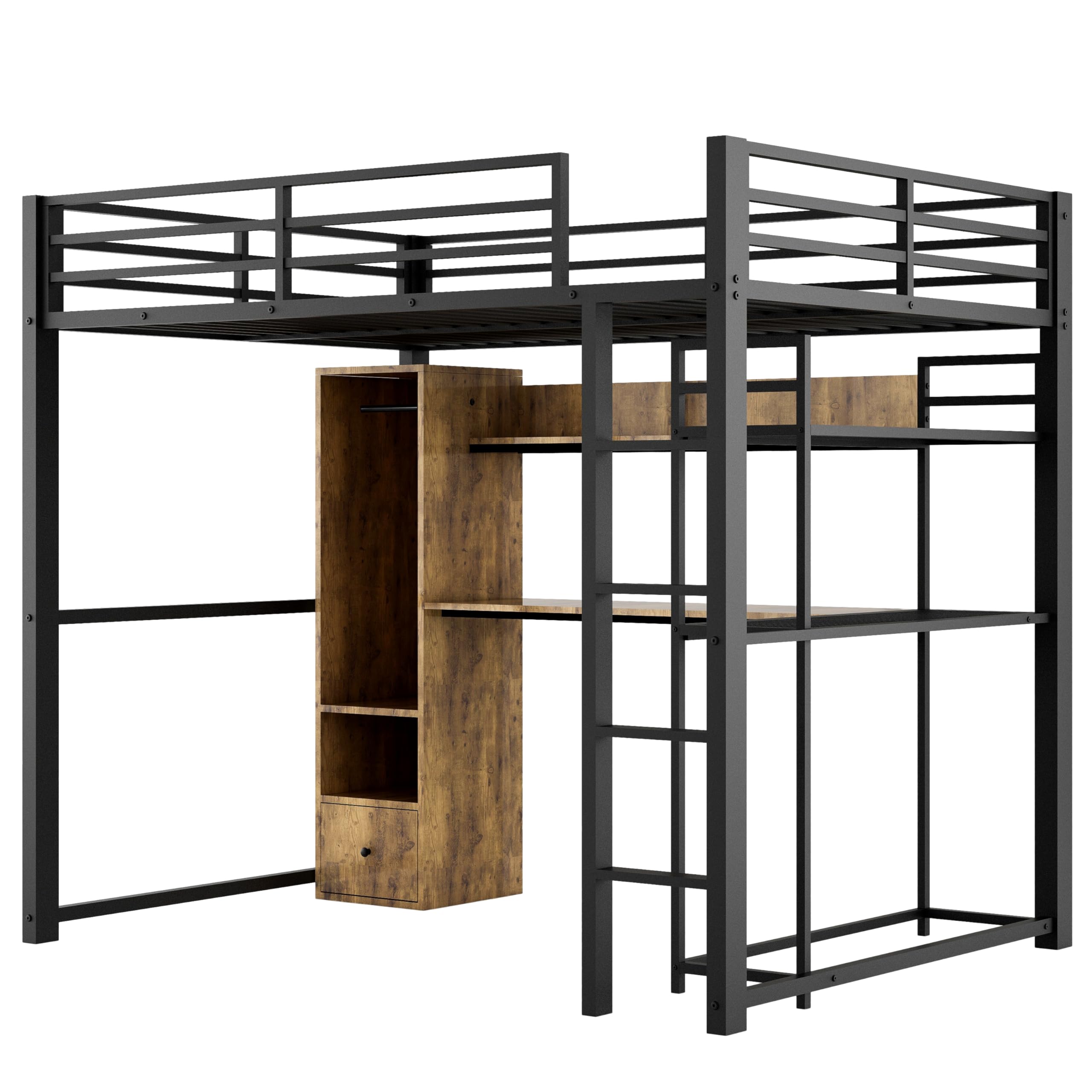 Full Size Loft Bed with Desk & Wardrobe - Heavy Duty Metal Loft Bed with Storage Shelves & Drawers - Space Saving Black Loft Bed with Bookshelf for Kids, Teens & Adults - Perfect for Small Bedrooms, Dorms & Studio Apartments