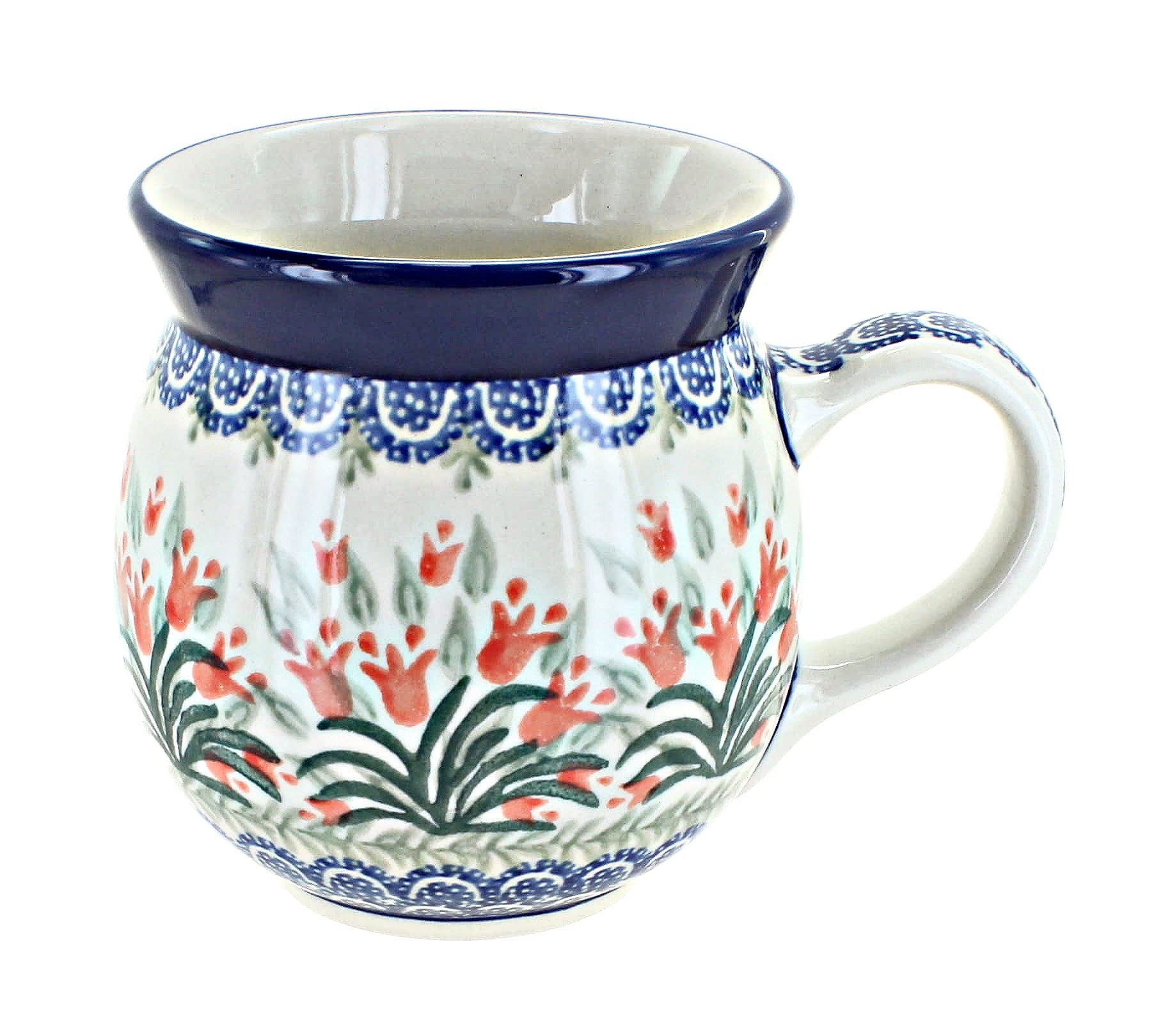 Handmade Blue Rose Polish Pottery Spring Tulip Bubble Mug - Ceramic Coffee Tea Cup with Floral Design - Perfect for Home Decor, Gift Giving & Cozy Morning Drinks
