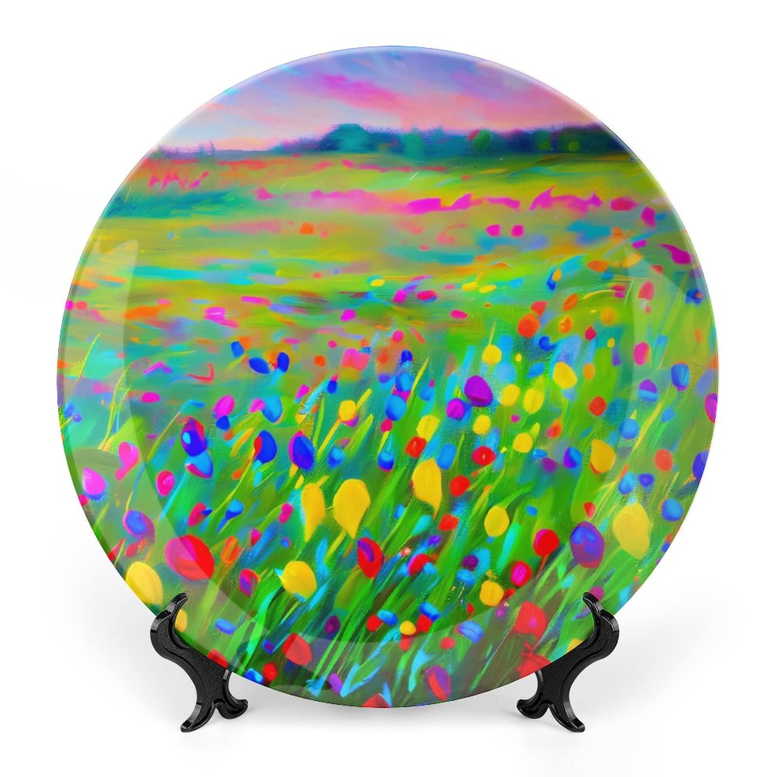 10 Inch Decorative Ceramic Plates with Stand - Wildflower Impressionism Painting Tray for Table Display, Elegant Home Decor for Living Room & Dining Room | Perfect Housewarming Gift for Home & Party Decorations