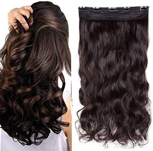 MoonEyes 22 Inch Silky Soft Brown Curly/Wavy Synthetic Hair Extensions - 5 Clip In Full Head Human-Like Extensions (2022 Updated Model) for Daily Styling, Parties & Special Occasions