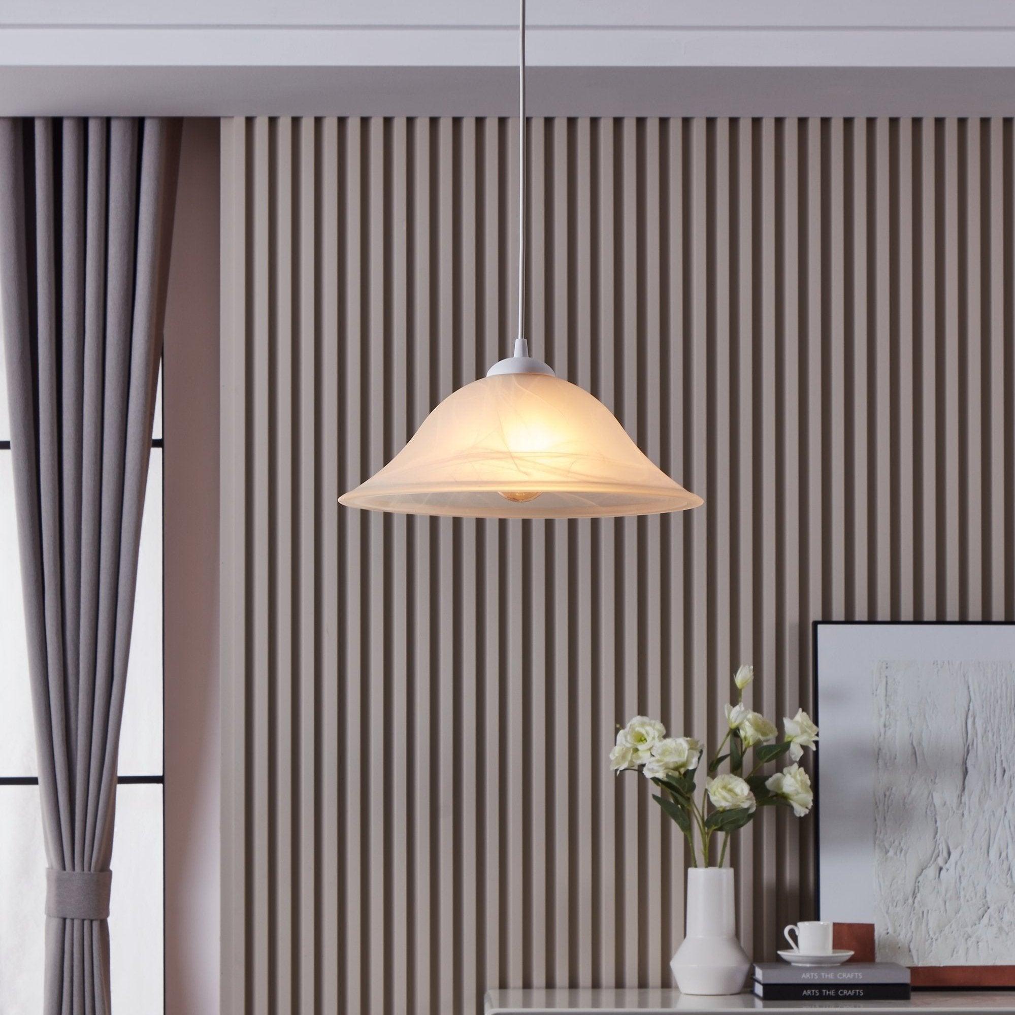 Eglo Albany White Alabaster Glass Ceiling Pendant Light Fixture - Modern Dining Room & Kitchen Island Lighting for Home Decor