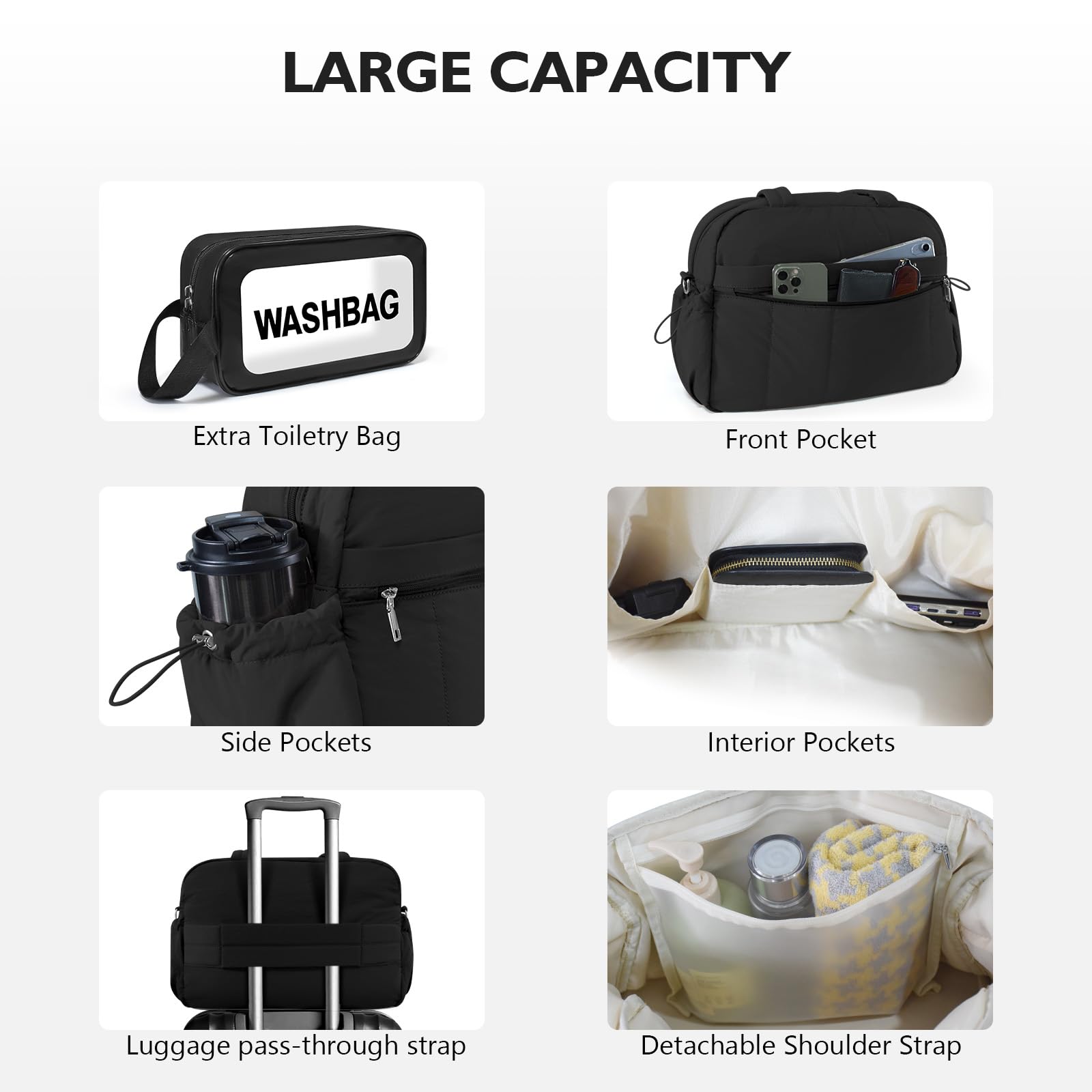 **Waterproof Travel Duffle Bag for Women - Large Gym Bag with Washbag & Toiletry Pouch - Sports, Workout, Overnight & Hospital Carry-On Weekender (Black) - Perfect for Gym, Travel & Business Trips**