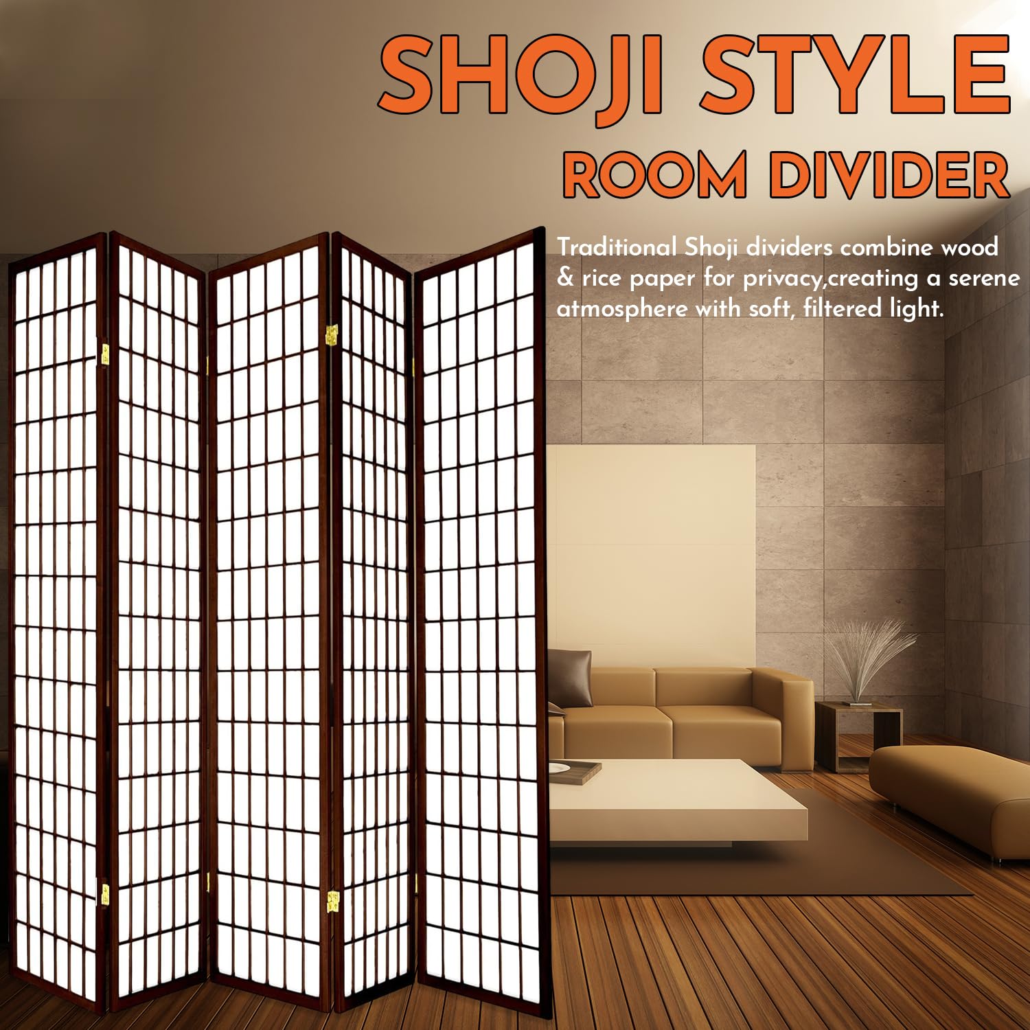 Legacy Decor 5-Panel Folding Room Divider Screen - 6ft Tall Portable Shoji Style Privacy Partition - Freestanding Dressing Screen for Bedroom, Office & Studio - Espresso Finish - Perfect for Home Decor, Room Separation & Event Displays
