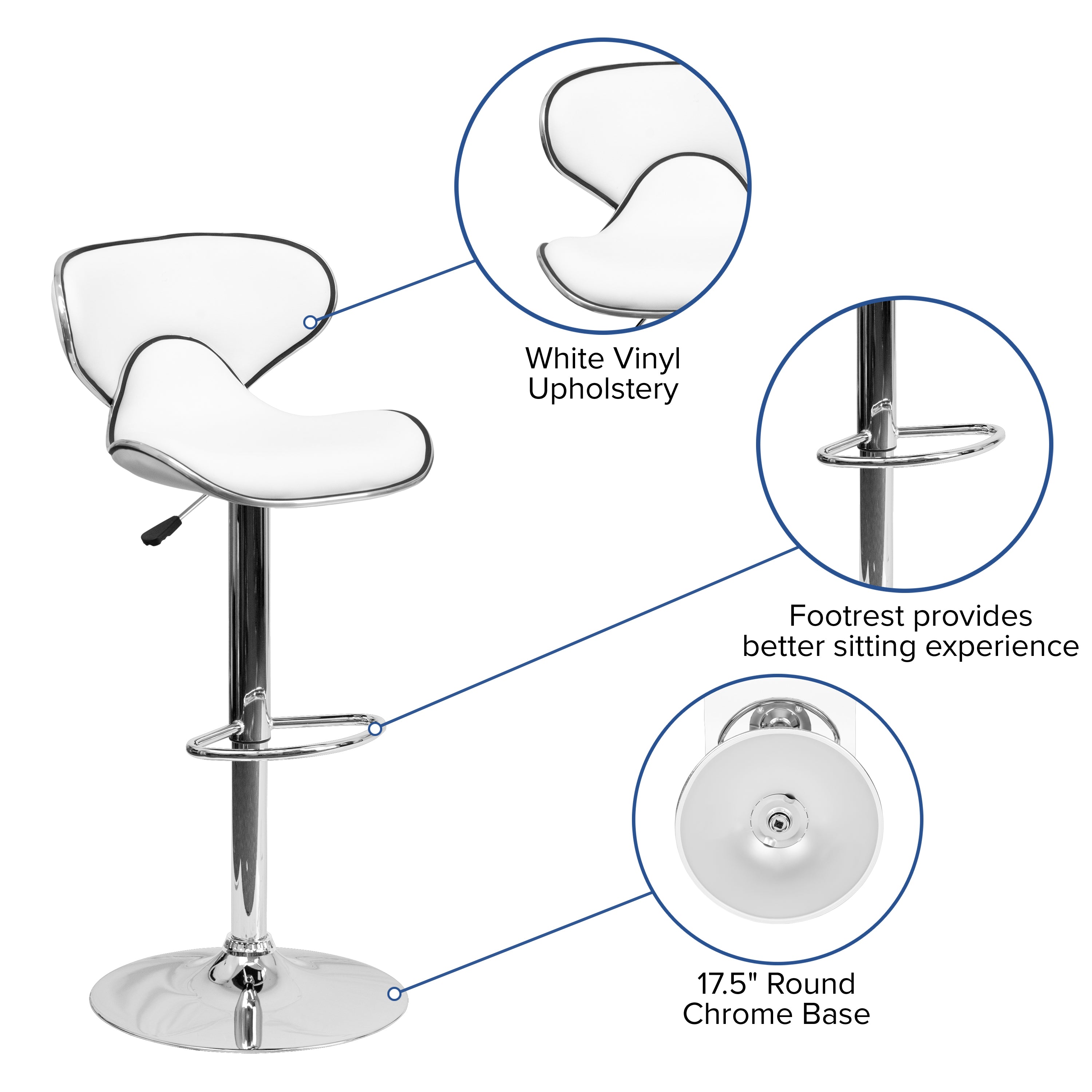 Devin Contemporary Adjustable Height Barstool - Black Vinyl Upholstery, Chrome Base - Modern Kitchen Island & Home Bar Stool for Dining & Entertaining