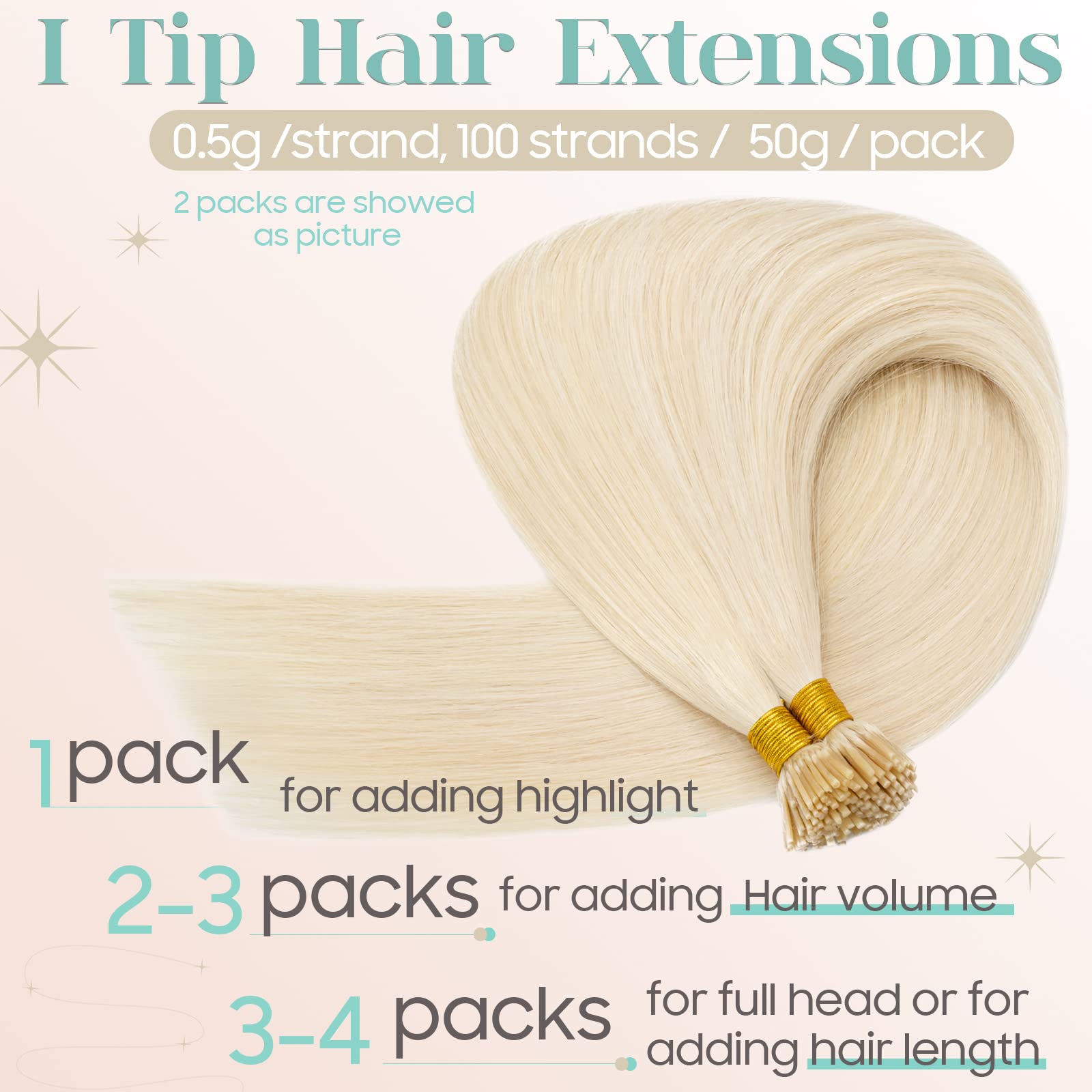 S-noilite Pre Bonded I-Tip Human Hair Extensions 16 Inch 100 Strands (50g) - #60 Platinum Blonde | Cold Fusion Stick Tip Real Human Hair with Invisible Keratin Glue | Perfect for Parties, Weddings & Daily Styling