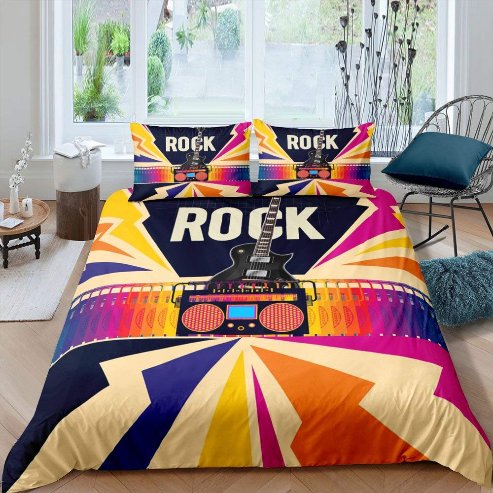 Rock Music Punk Duvet Cover Set - Vintage Guitar & Radio Design, Colorful Lightning Print for Kids & Teens (Twin Size, Blue/Black) - Perfect for Music Lovers' Bedroom Decor & Hip Hop Themed Rooms