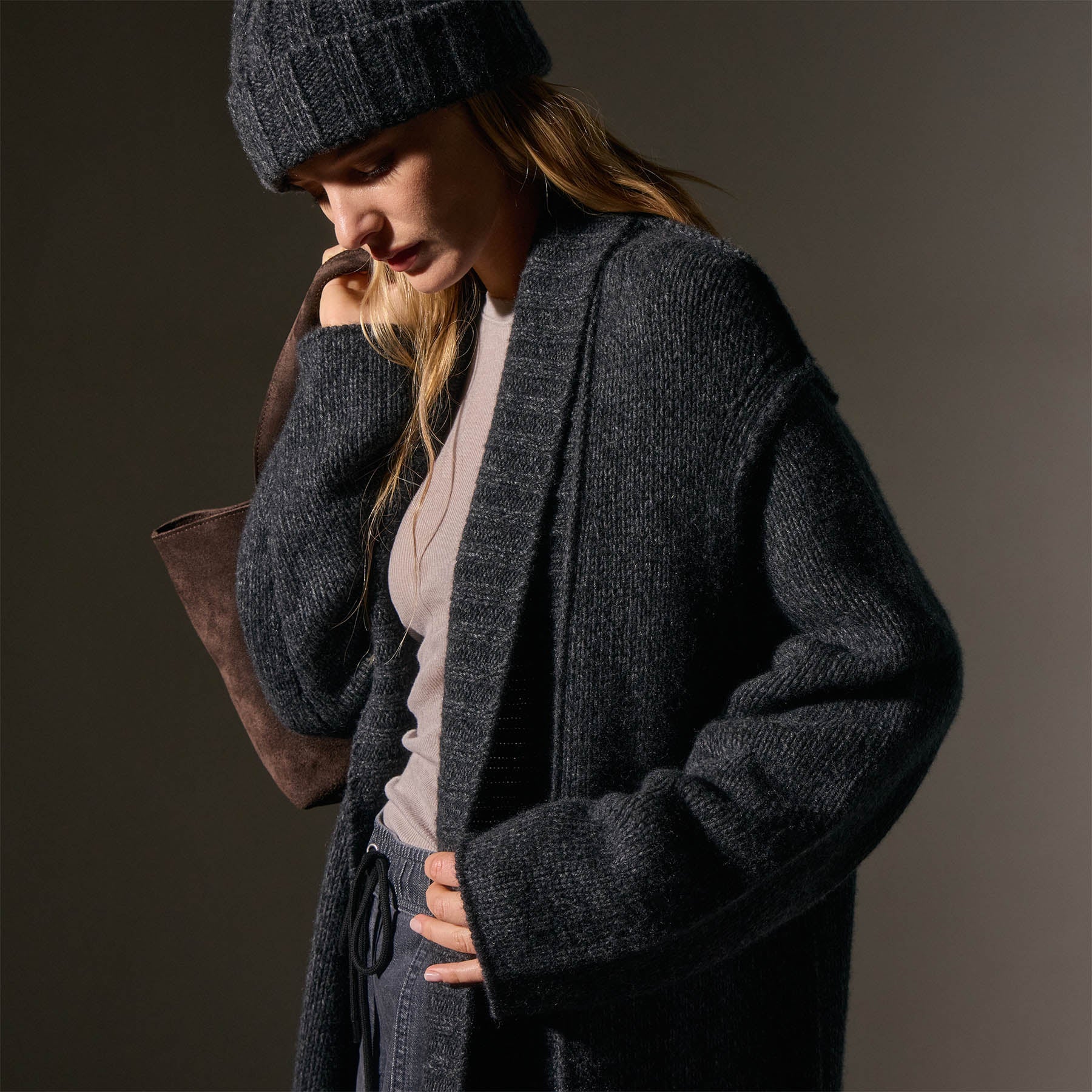 Chunky Knit Cashmere Marl Cardigan for Women - Soft & Warm Charcoal Marl Sweater - Cozy Winter Layering & Casual Outfit Essential