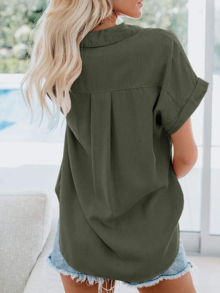 APRAW Women's Casual Short Sleeve Button Down Shirt - Summer Cotton Plain Blouse with Pockets | Perfect for Office, Travel & Everyday Wear