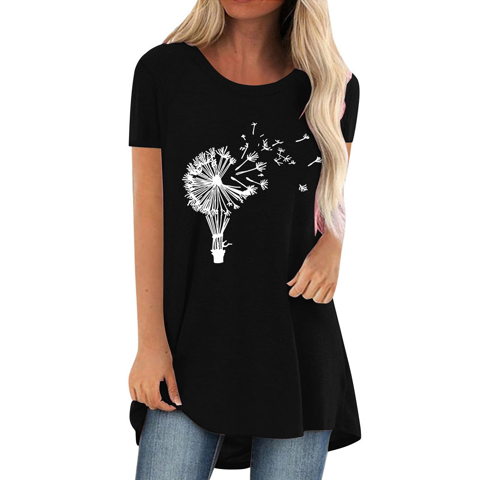 Women's Floral Print Long Pullover Summer Round Neck Short Sleeve Casual Tops - Lightweight Comfort for Outdoor Activities, Beach Wear & Daily Fashion