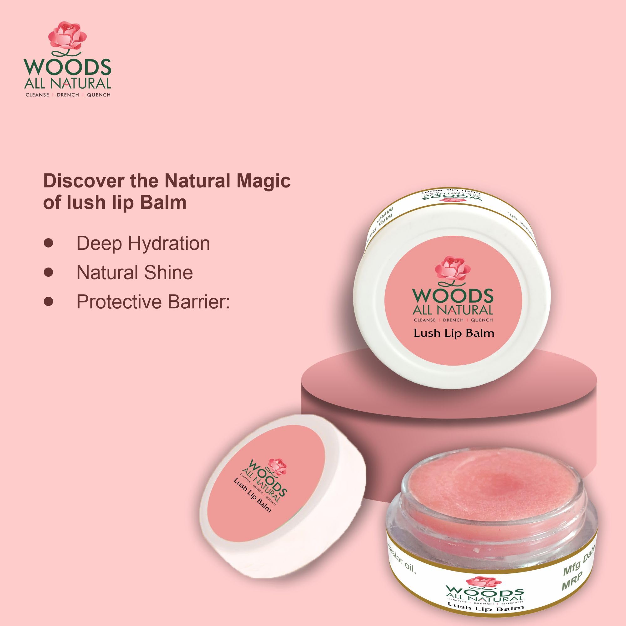 Woods All Natural Lush Lip Balm for Pink Lips - Vitamin E, Shea Butter & Jojoba Oil Lip Care | Hydrating Treatment for Dark & Chapped Lips | SPF Protection | 10g Cosmopolitan | Perfect for Daily Use, Outdoor Activities & Winter Lip Care