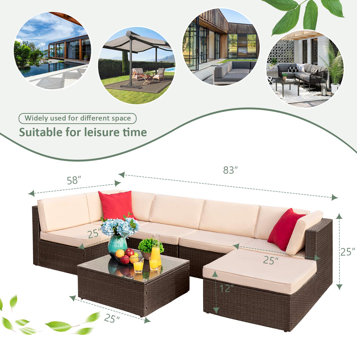 Devoko 7-Piece All-Weather Outdoor Patio Furniture Set - Wicker Rattan Sectional Sofa with Cushions & Glass Coffee Table, Beige - Perfect for Backyard, Garden, Poolside & Patio Relaxation