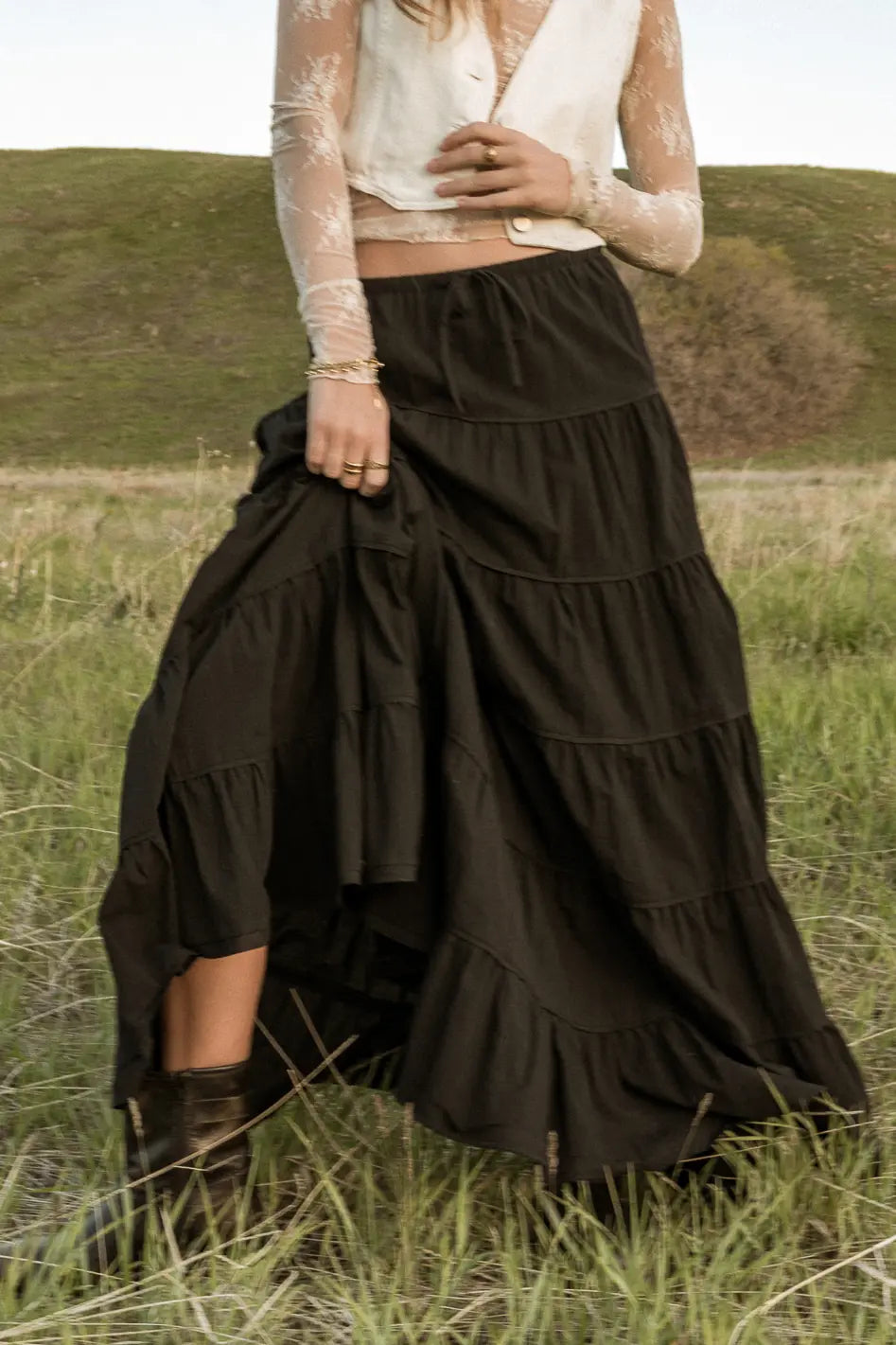 Kenzington Black Tiered Skirt for Women - Flowy Layered Midi Skirt with Elastic Waist - Perfect for Casual Outfits, Office Wear & Summer Dresses