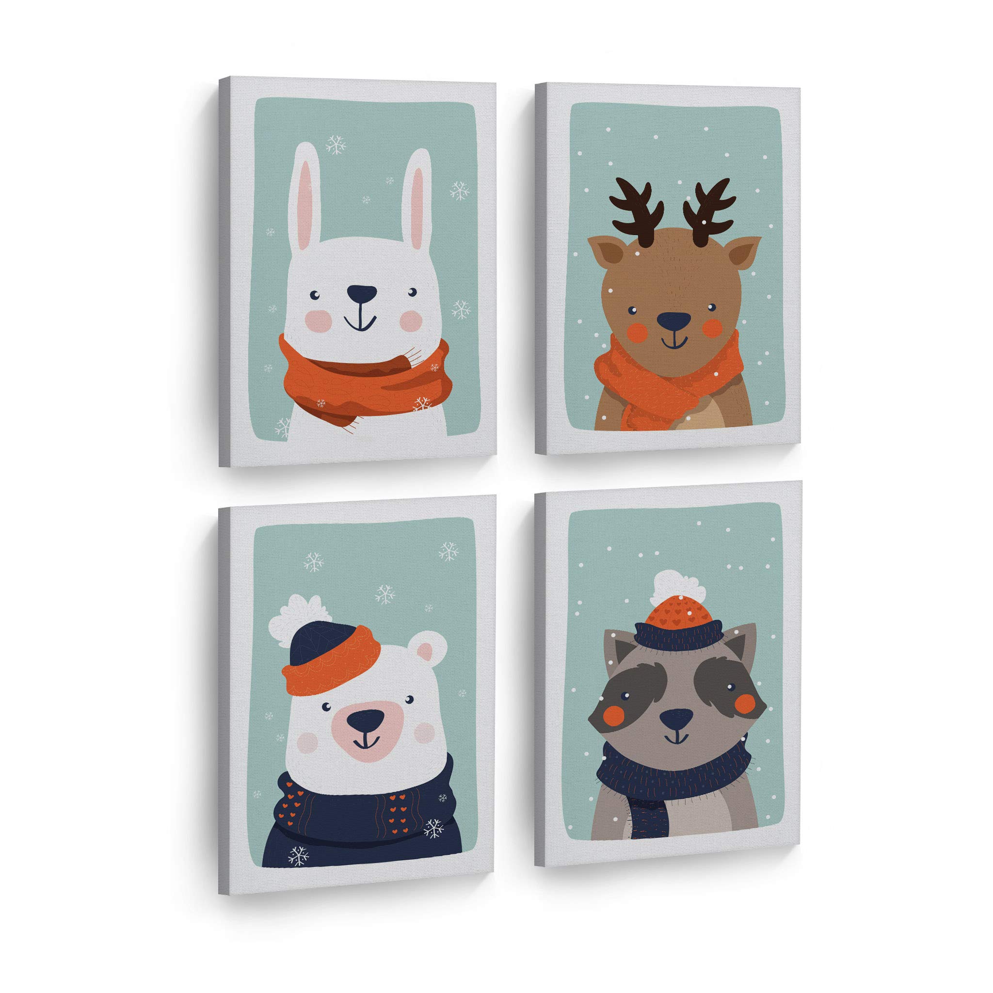 4-Piece Cute Animal Canvas Wall Art Set - Rabbit Deer Bear Raccoon Winter Theme Turquoise Background Kids Room Decor (36x24 inches) | Nursery, Playroom, Bedroom Wall Hanging Art | Made in USA