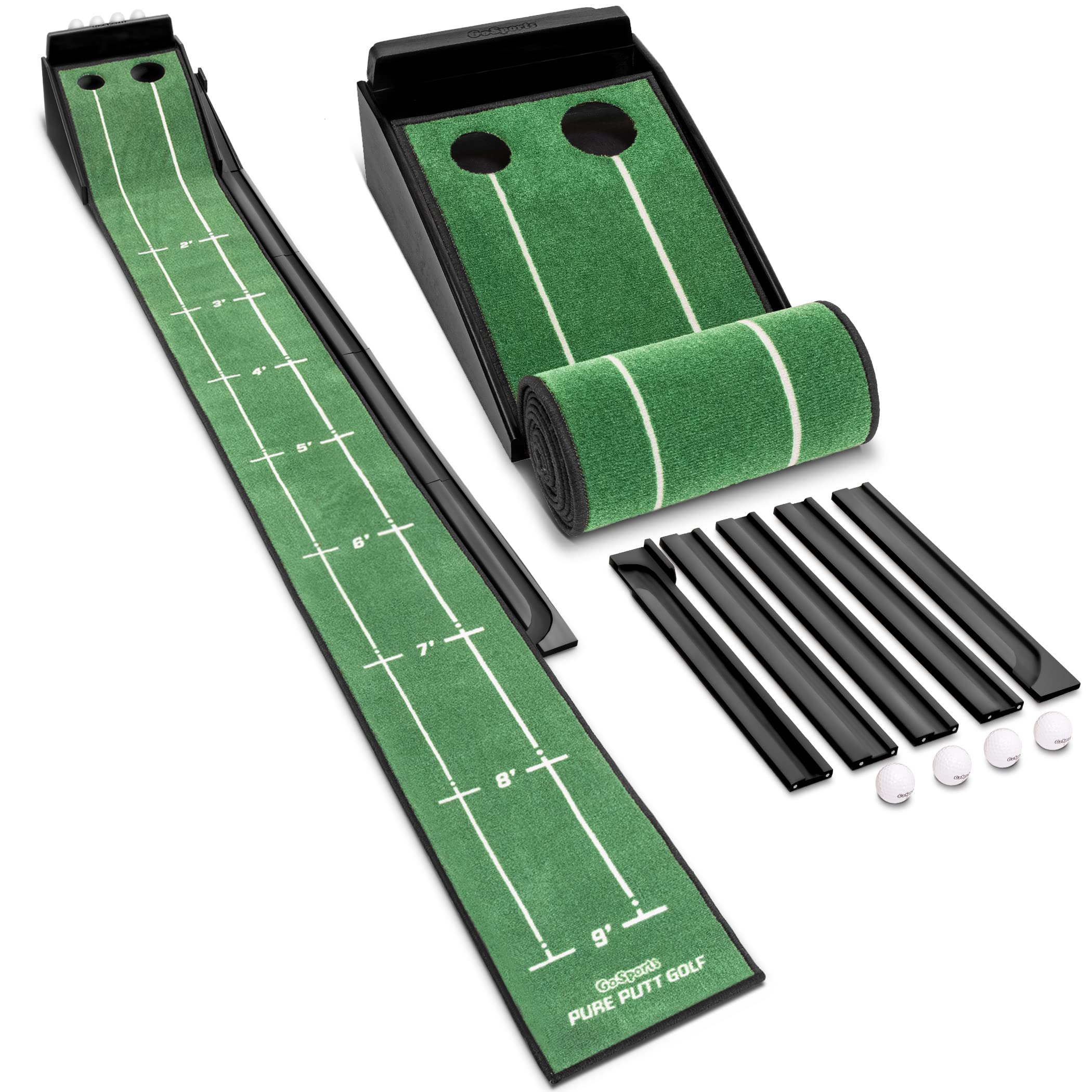 GoSports Pure Putt Golf 9 ft Putting Green Ramp - Black or Brown - Premium Wood Putting Mat for Indoor Golf Practice at Home, Office or Backyard - Includes 4 Golf Balls - Perfect for Beginners & Pro Golfers to Improve Short Game Skills