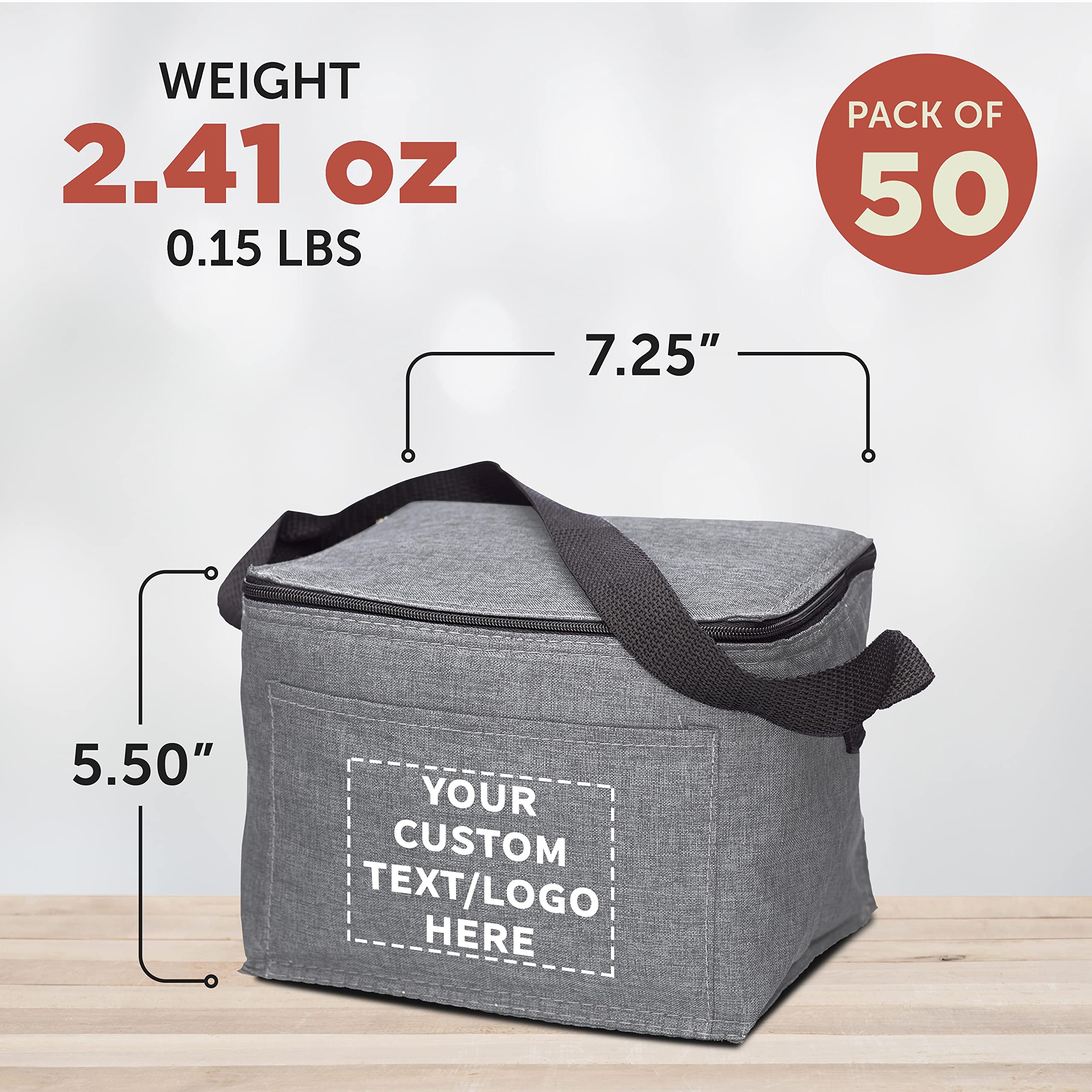 Custom Insulated Cooler Lunch Bag Set of 50 - Personalized Bulk Pack for Work, Travel & Outdoor Events - Reusable Grey Lunch Cooler for Office, Picnics, Camping & Beach Trips