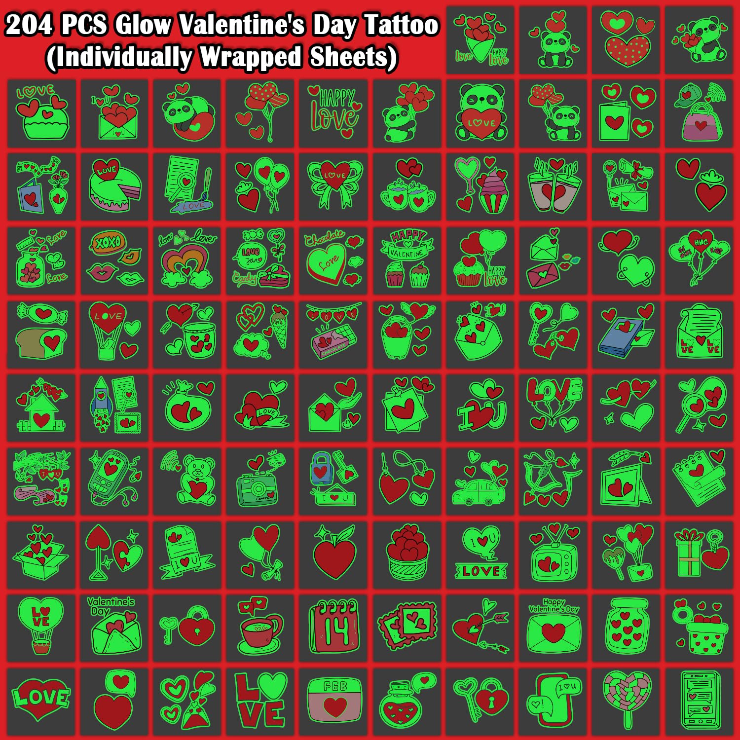 204-Piece Glow in the Dark Valentine's Day Temporary Tattoos for Kids - Individually Wrapped Heart Stickers for Party Favors, Classroom Prizes, Games & Decorations - Perfect for Valentine's Parties, School Events & Gift Exchanges