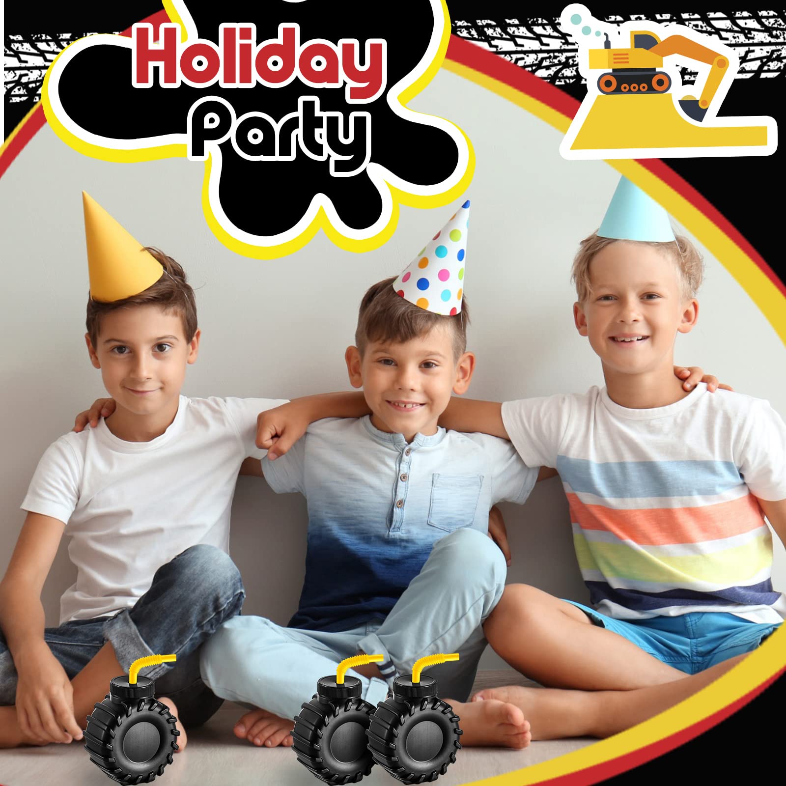 Amyhill 12-Piece 12 oz Construction Truck Cups Set with Orange Straws - Durable Plastic Kids Party Cups for Birthday, Construction Theme Party & Summer BBQ Decorations